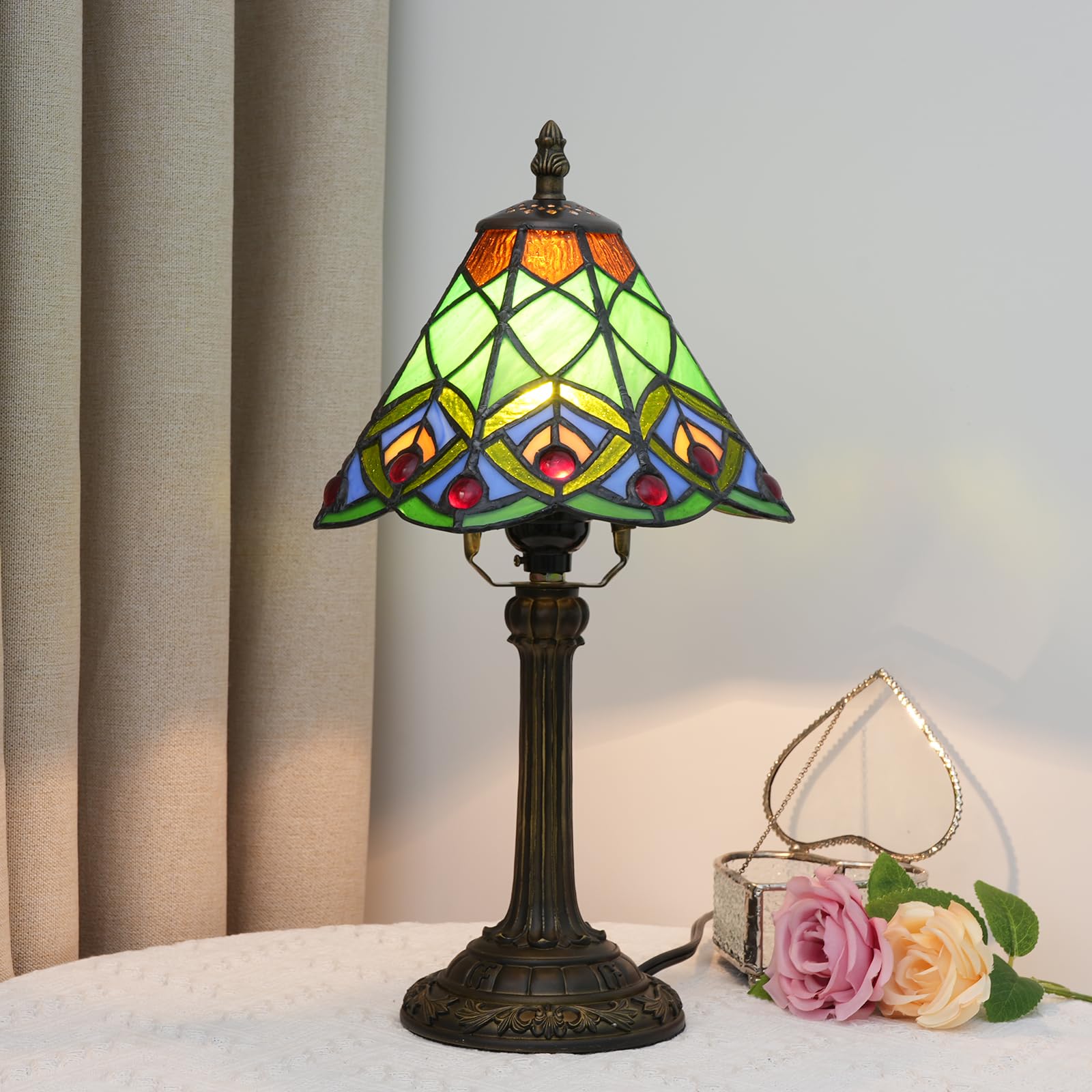 TIFLRIS Green Peacock Feather Style Tiffany Stained Glass Small Table lamp Cute and Unique Bedside Table Bedroom, Living Room Di