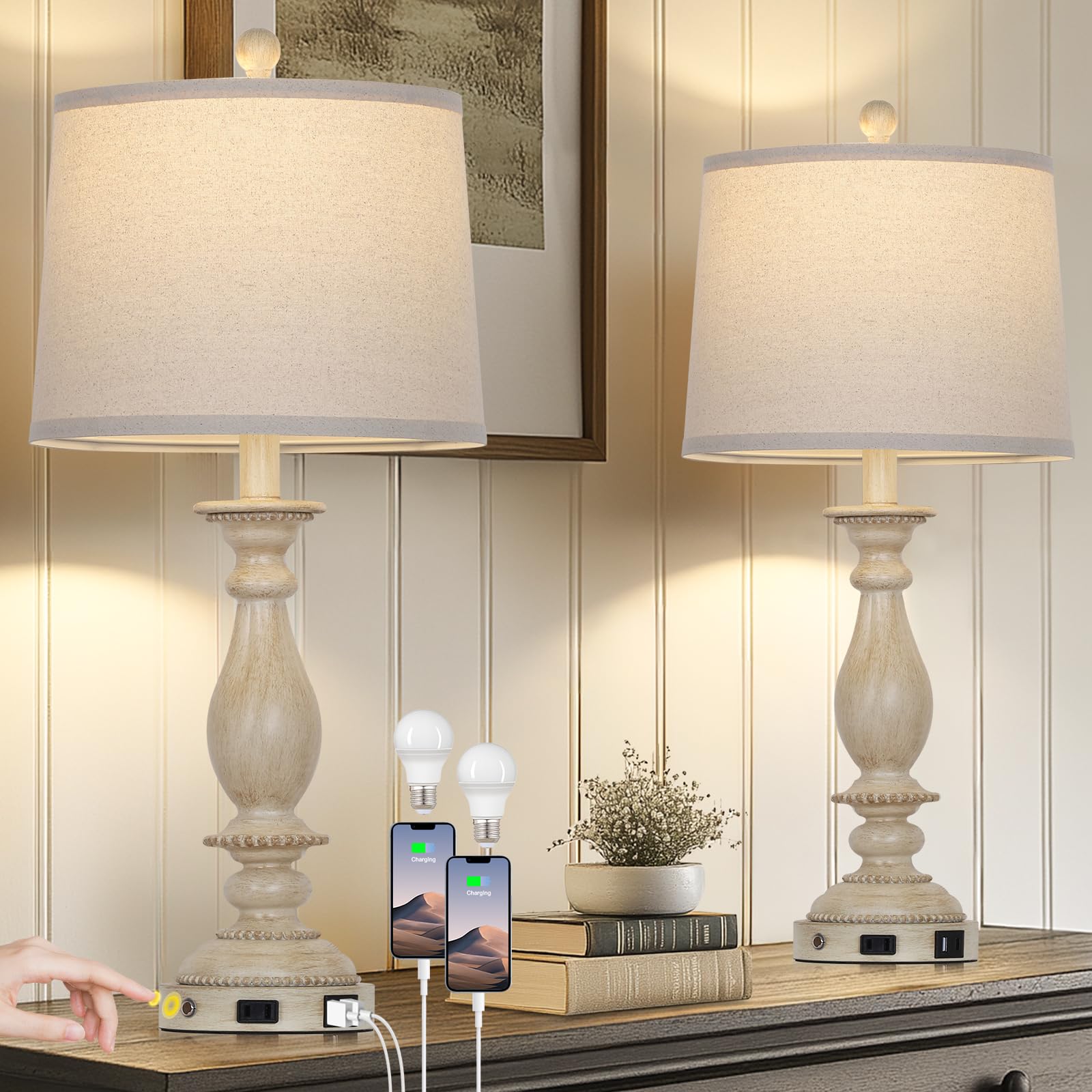 Cinsary 28'' Tall Farmhouse Table Lamps For Living Room Set Of 2,Vintage Rustic Beige Bedside Touch Lamp With Usb C+A Ports & Ac