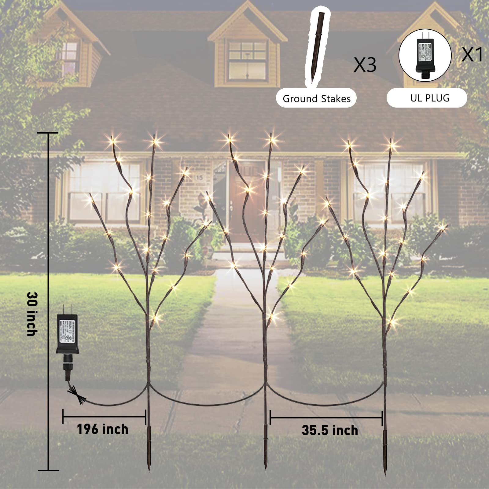 Peiduo Lighted Brown Branches With Timer, 30Inch 3Pk 60 Led Pathway Lights, Willow Branch Lights For Home Decorations Indoor Apartment Outdoor Stake Lights For Lawn