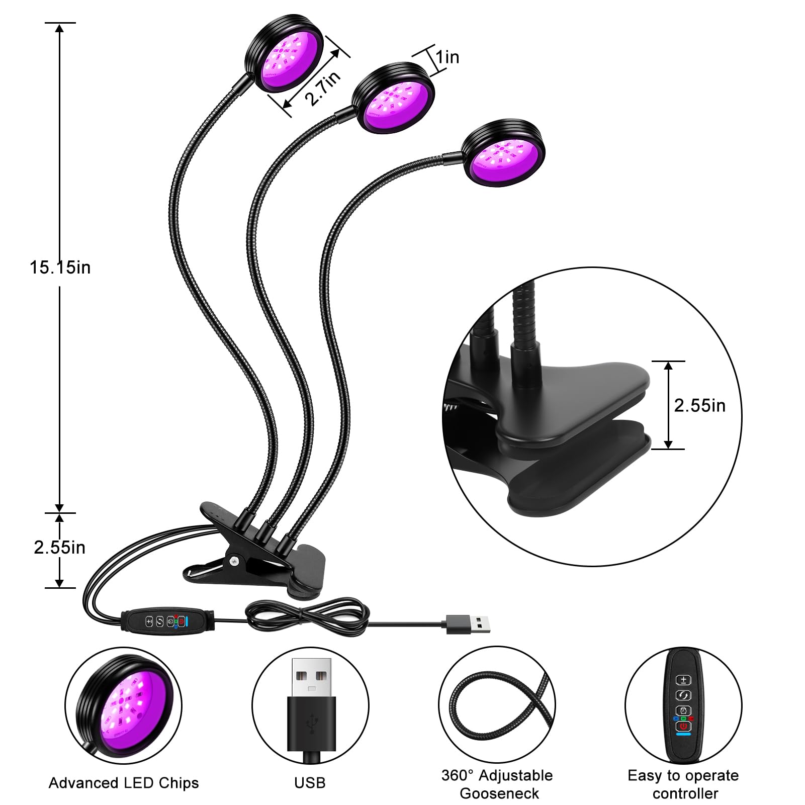YGS-Tech LED Black Light Dual Head 15W UV Lamp USB Powered 395-405nm for Parties, Stage Lighting, Resin Cure, Glow in The Dark