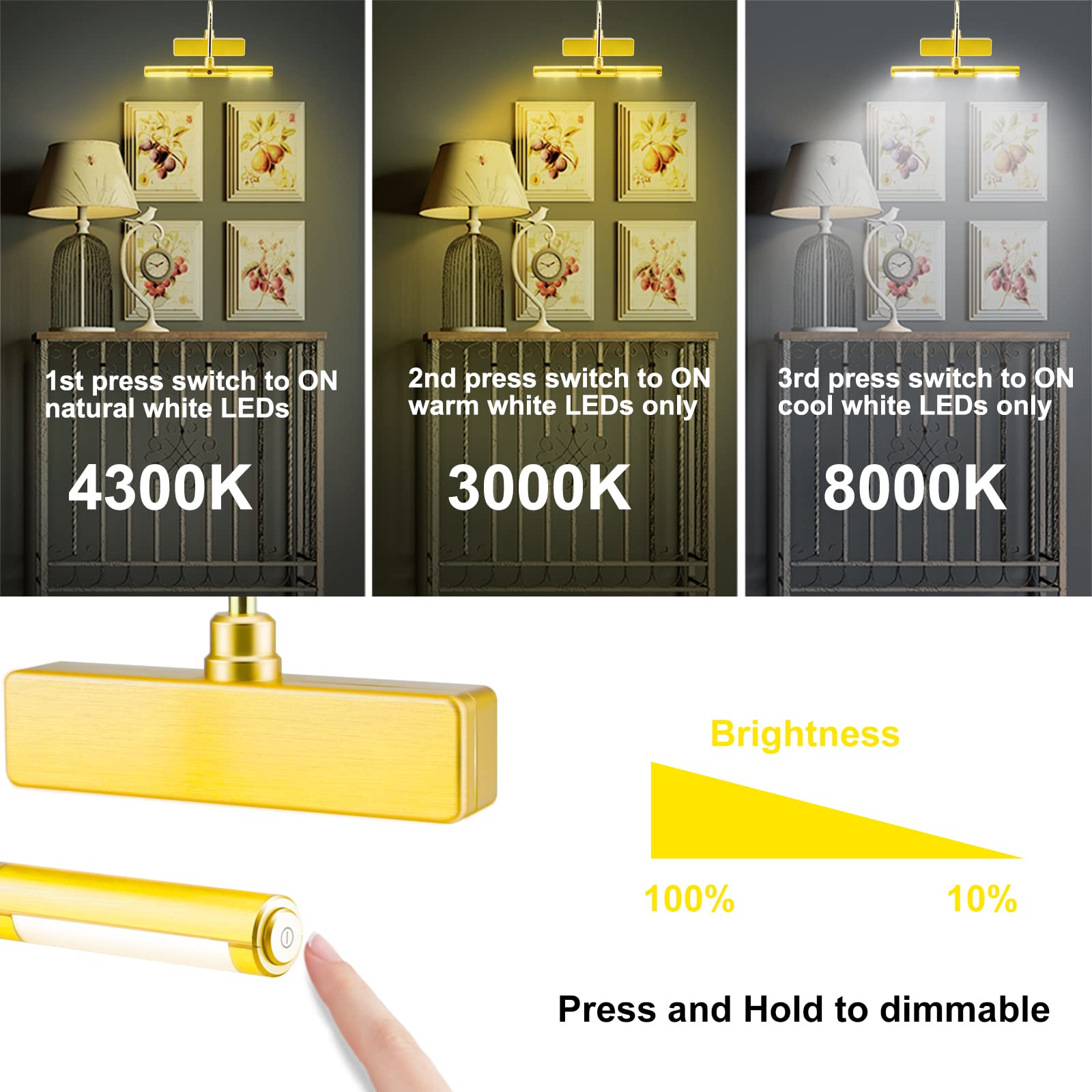 LUXSWAY Picture Light Battery Powered,Painting Light,3 Level Brightness Art Display Lights, 8.9 Inch Rotatable Lights Head Light