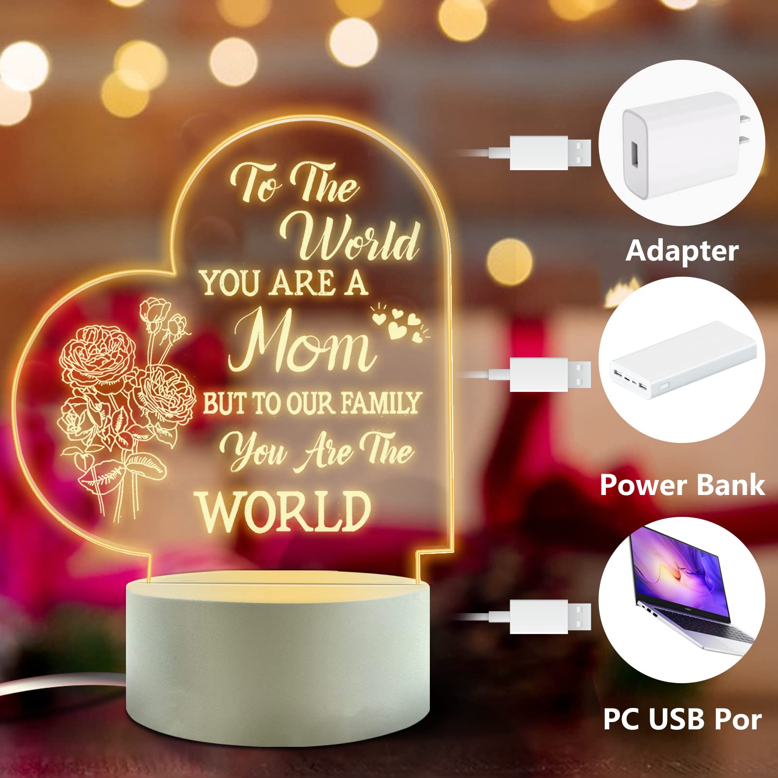 FEBDEY 3D Effect Night Light - Heart Shape, Plastic, Send Mom - Best Mom Gifts for Birthday, Room Decoration