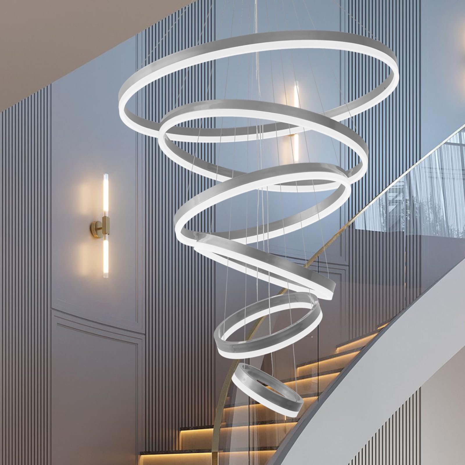 Modern 6 Ring Silver Led Chandelier - Dimmable, Large D31.5" For High Ceiling Staircase And Luxury Foyer Entryway
