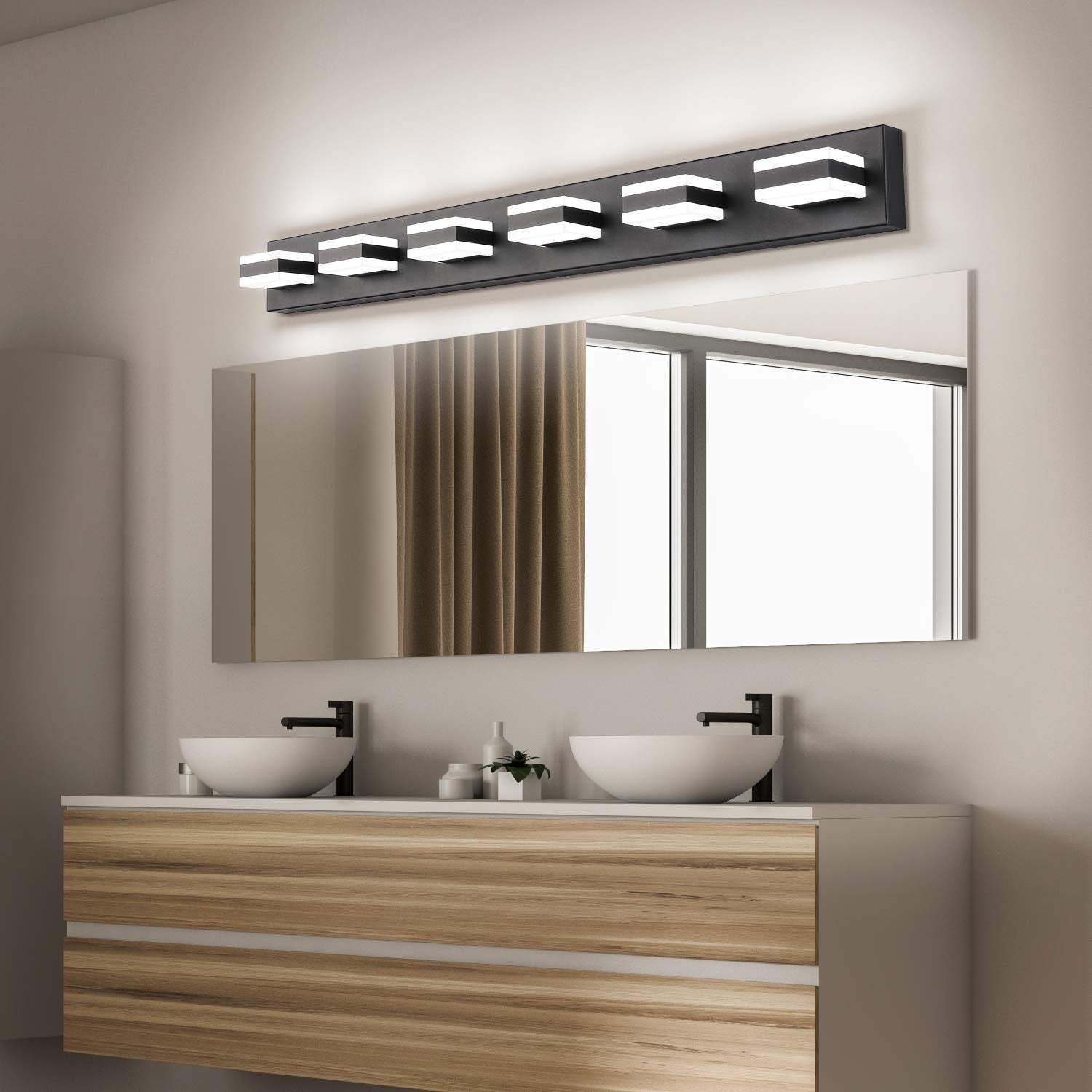 SOLFART Modern LED Dimmable Bathroom Wall Light, 6 Lights, Matt Black Metal with Acrylic, Model S8568-6T-6000K