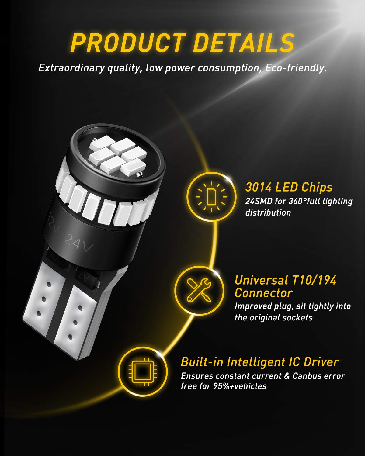 AUXITO 194 LED Light Bulb T10 Wedge 24-SMD Chipsets Pack of 10 Blue
