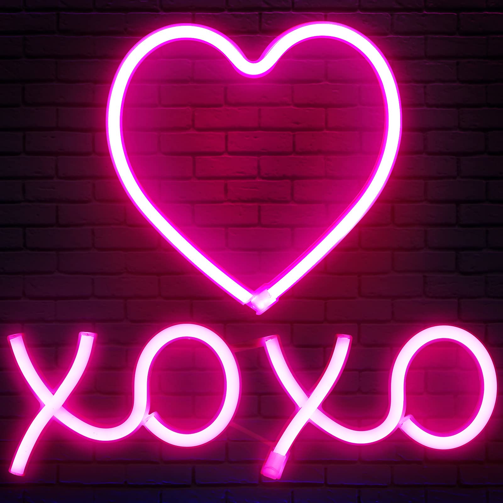 Amylove 2 Pcs Pink Heart and XOXO Neon Sign Valentines Decoration LED Neon Lights, LED Wall Decor Light up for Girl Home Bedroom