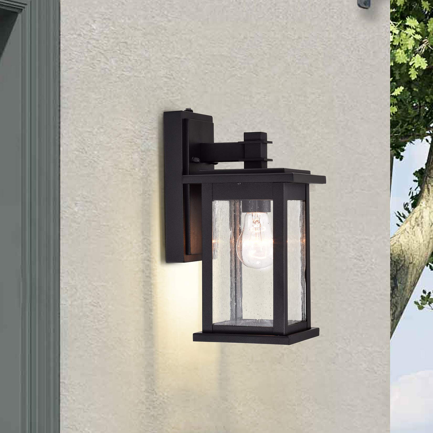 MICSIU Outdoor Wall Sconce, Dusk to Dawn Sensor, Black Metal, Clear Seedy Glass, 12.25 Inch, Model 22031S-BK-P
