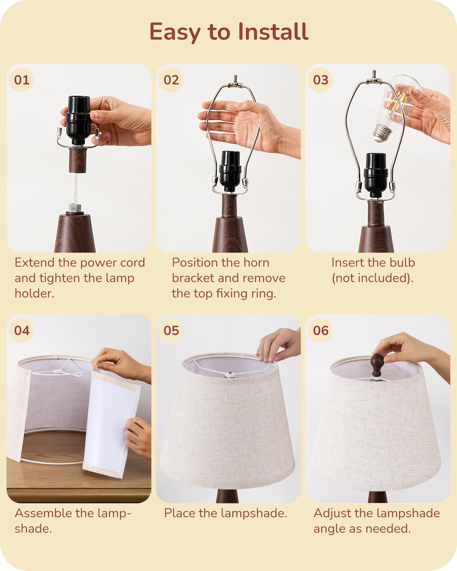 EDISHINE 21.85 Boho Table Lamp, Farmhouse Bedside Lamp, Water Transfer Red Wood Grain Metal Base, Beige Linen Shade, Rustic Nigh