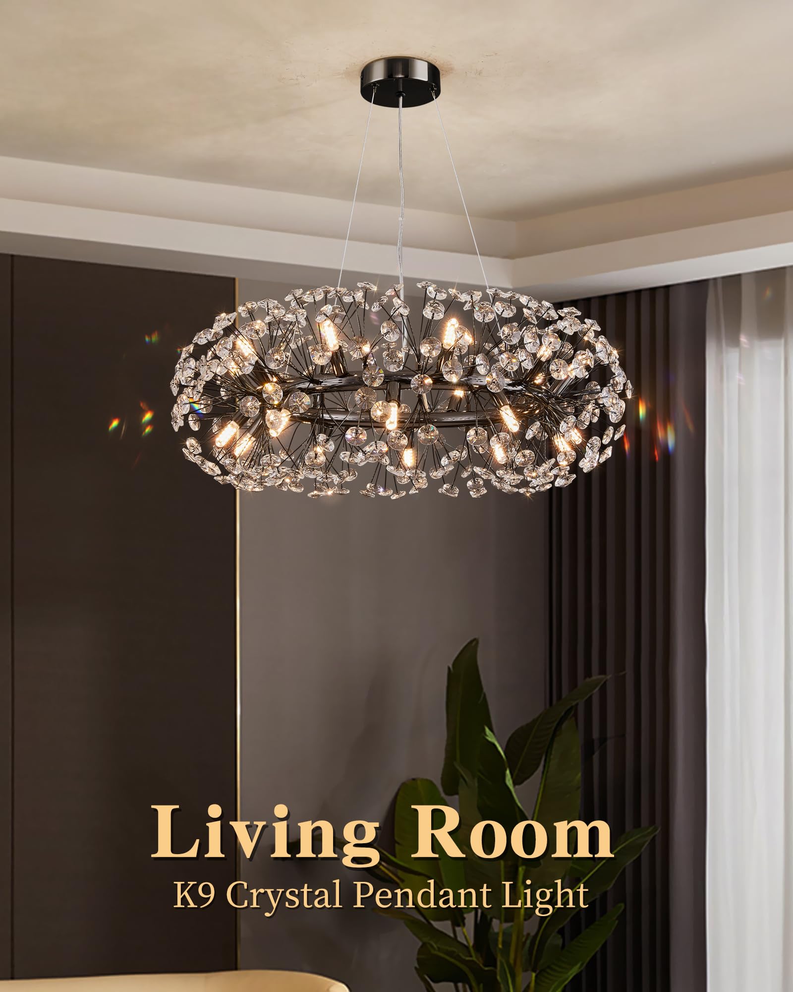 Modern Firework Chandelier, Farmhouse Black Crystal Round Dandelion Sputnik Chandeliers, 31.5'' Contemporary 20-Light Pendant Ha