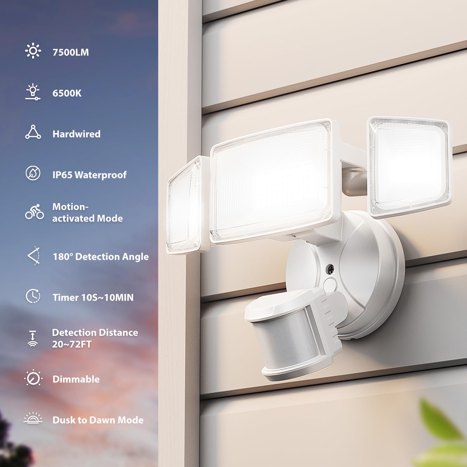 Onforu 75W LED Motion Sensor Outdoor Flood Light, 7500LM, Dusk to Dawn, IP65 Waterproof, Standard Size, White, Model BDB75G-3