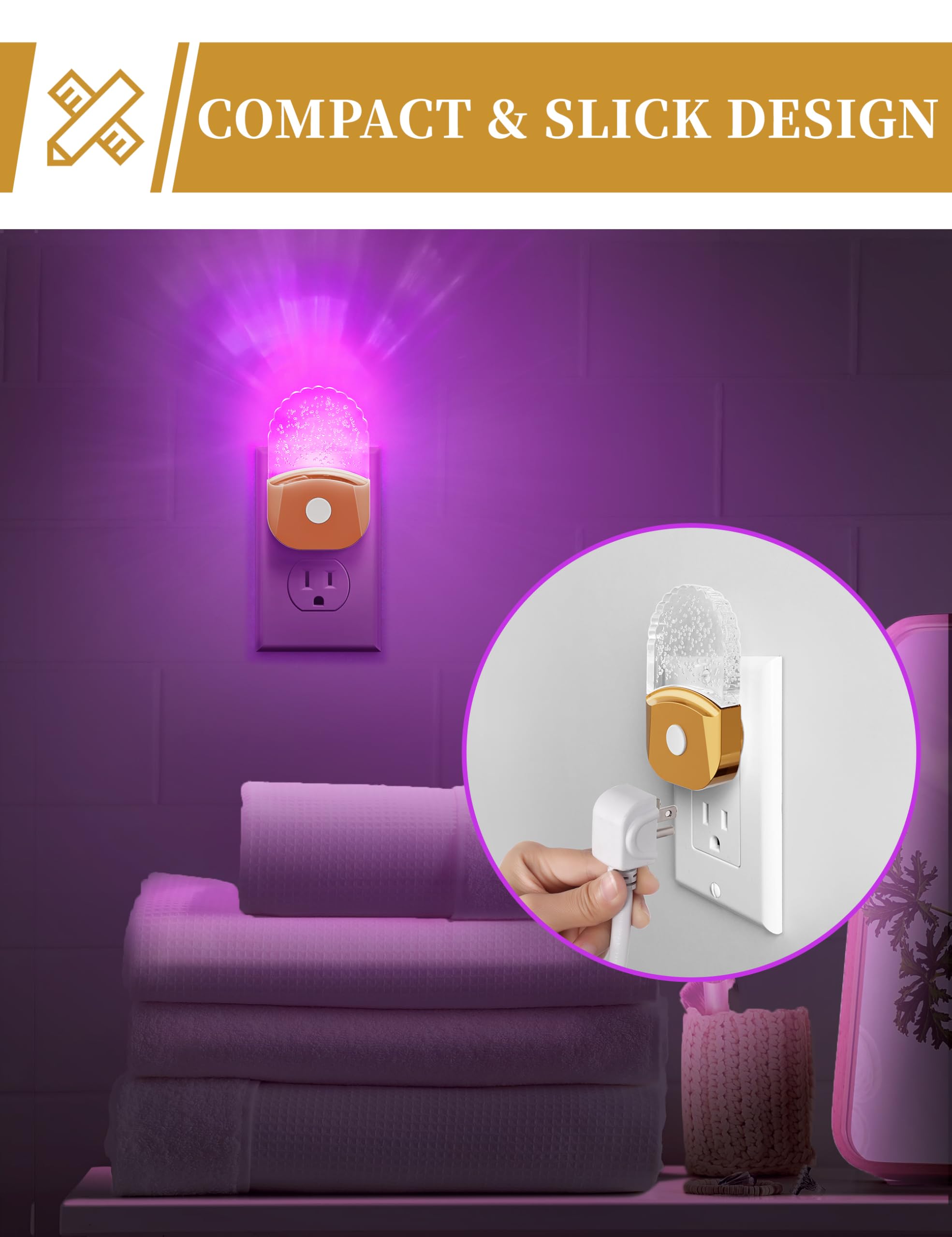 DORESshop RGB LED Night Lights, 2 Pack, Dusk to Dawn Sensor, Plastic, Golden Cover, Model D-GY019