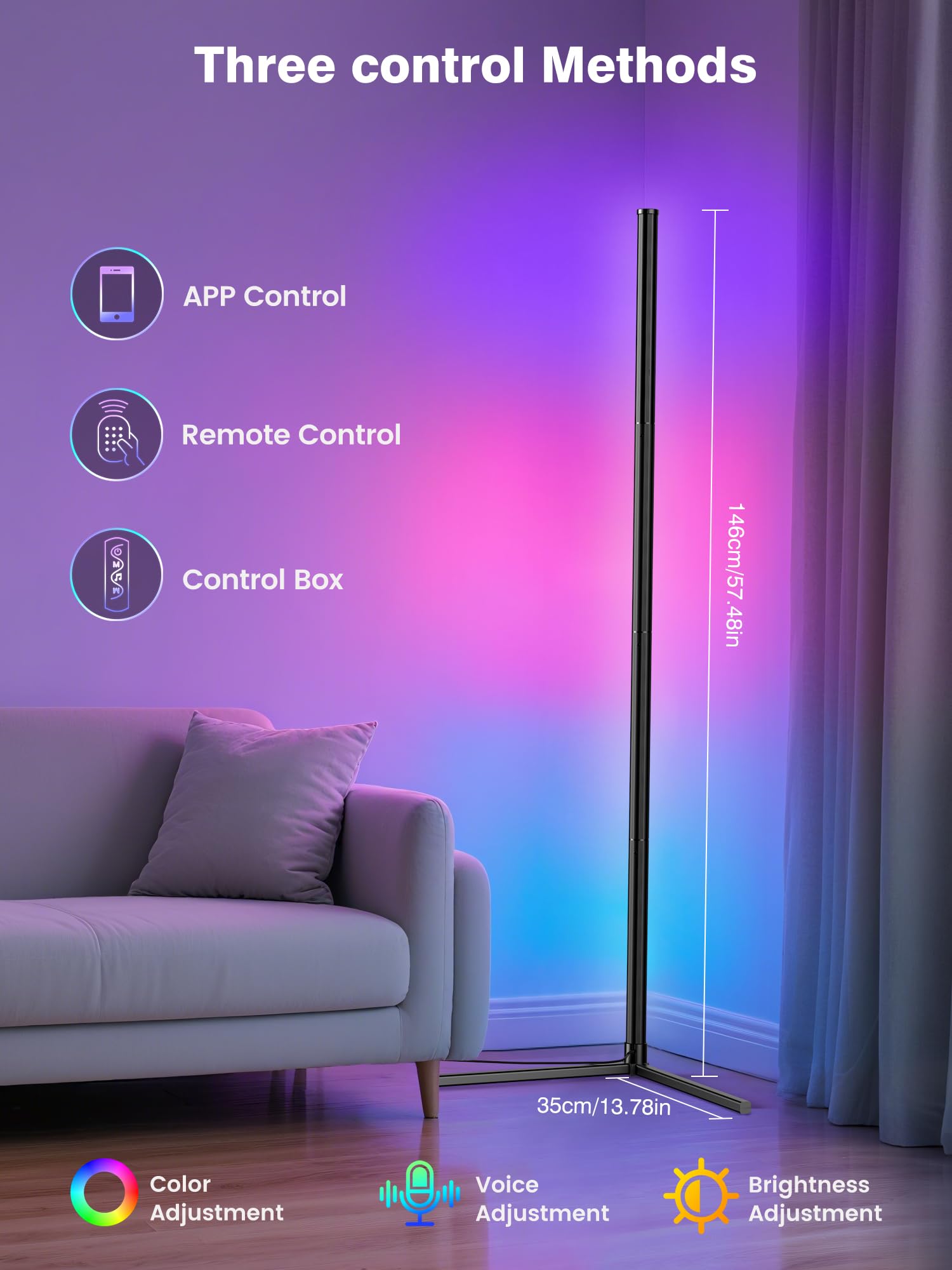 2Pack Corner Floor Lamp, Modern Led Corner Lamp With Ac Adapter & App & Remote Control, 16 Million Colors, 68+ Scene Modes, Musi