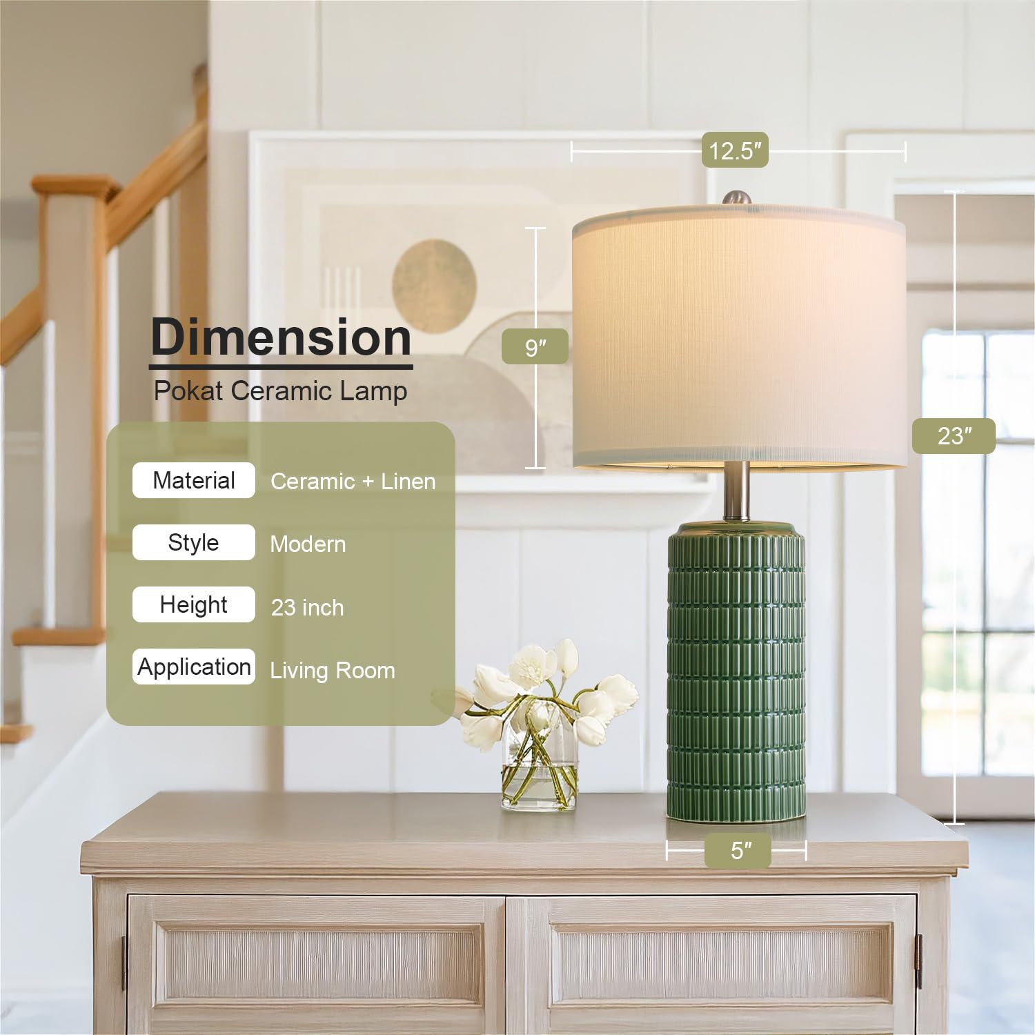 PoKat 23" Dark Green Ceramic Table Lamps Set of 2 - Modern Farmhouse Nightstand Decor, Medium Size, AMZ-T1102GN