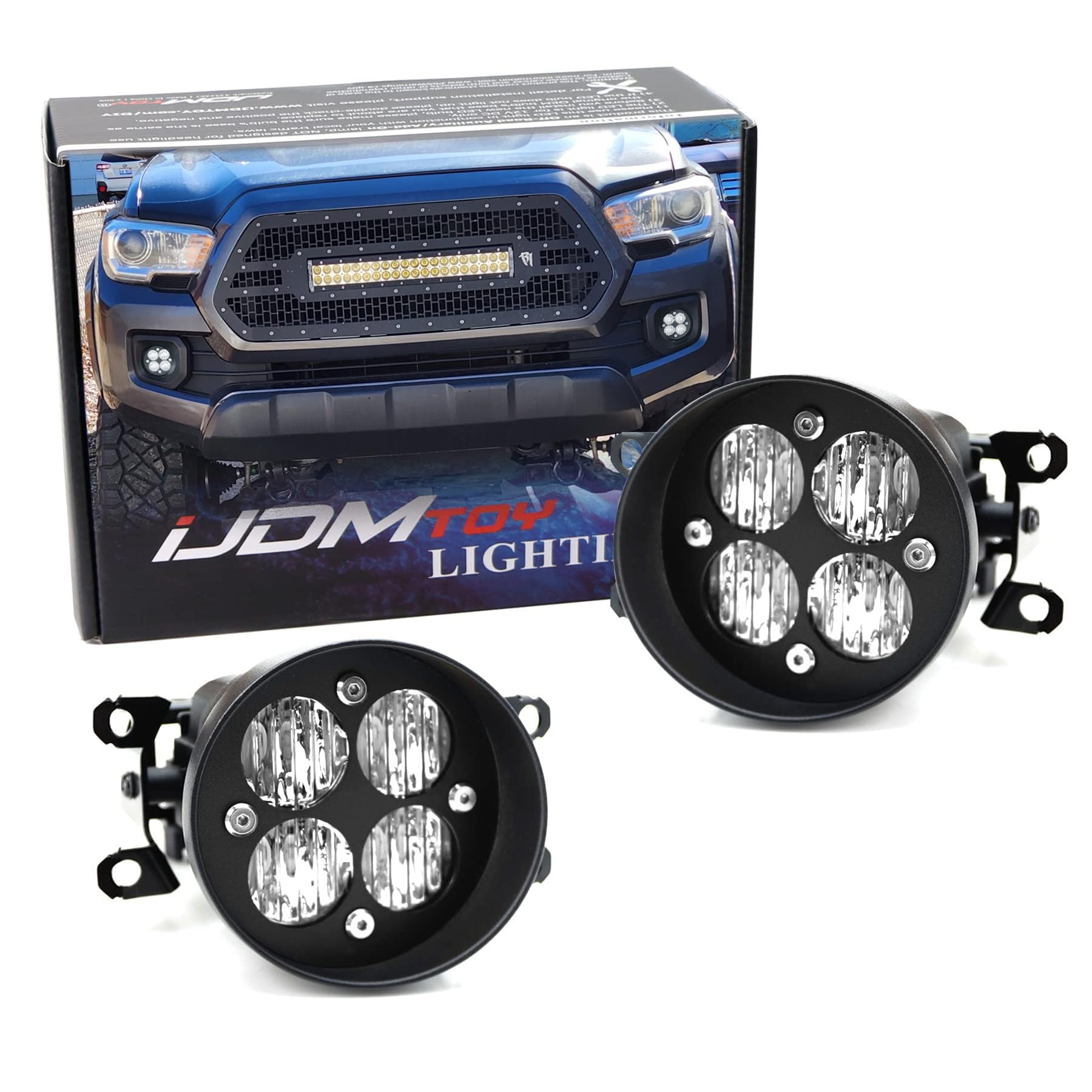 iJDMTOY Fog Light Kit - 24W High Power LED, Wide Angle SAE Flood Beam, Built-On Mounting Brackets, Compatible with Toyota Tacoma/Tundra/4Runner, White