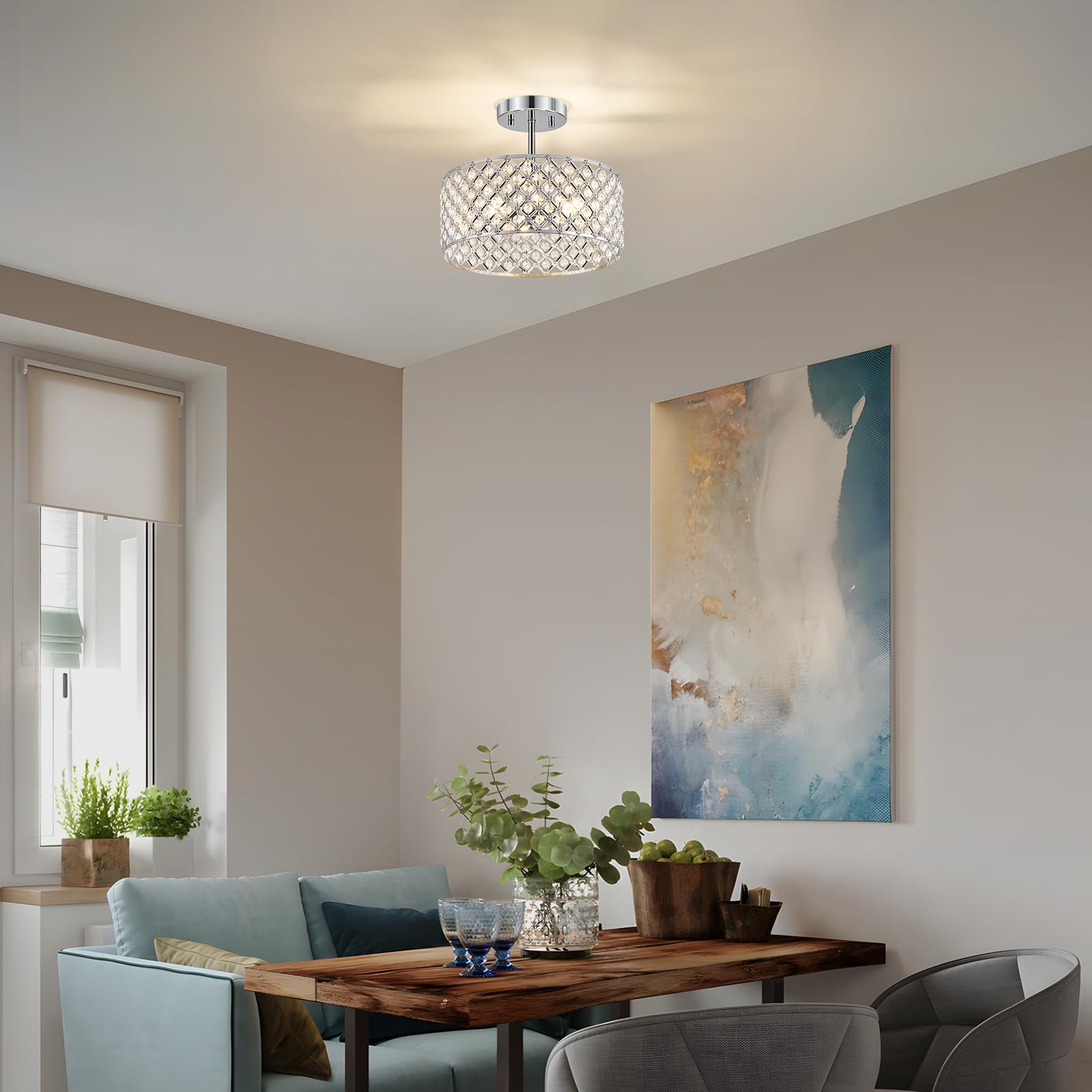 Bzvesr Chrome Crystal Ceiling Light Fixture Modern Semi Flush Mount Ceiling Lighting Fixture Round Small Chandelier For Dining Room  Hallway  Entryway  Kitchen  Bedroom Foyer 3 Light 12 Inch