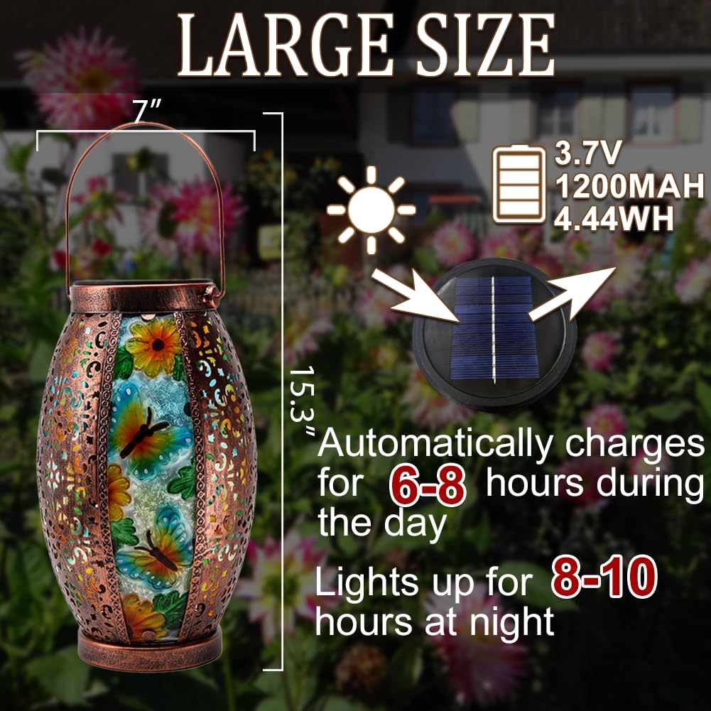 OUISJYER Solar Lantern - Outdoor Waterproof Glass & Metal, Large Hanging Tabletop Lamp, Butterfly Design, 2 Pack