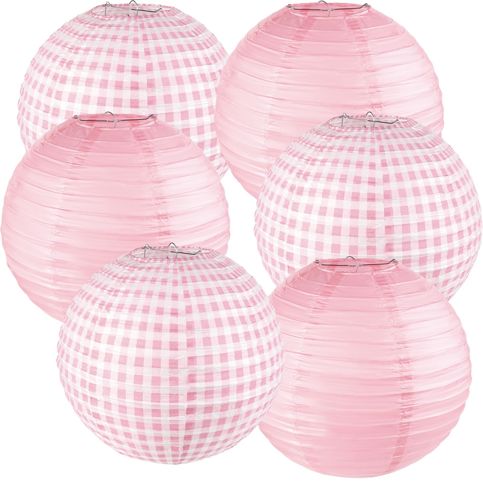 6Pcs Pink Gingham Party Decoration Pink Paper Lanterns Pink And White Checkered Plaid Hanging Lanterns For Wedding Birthday Part