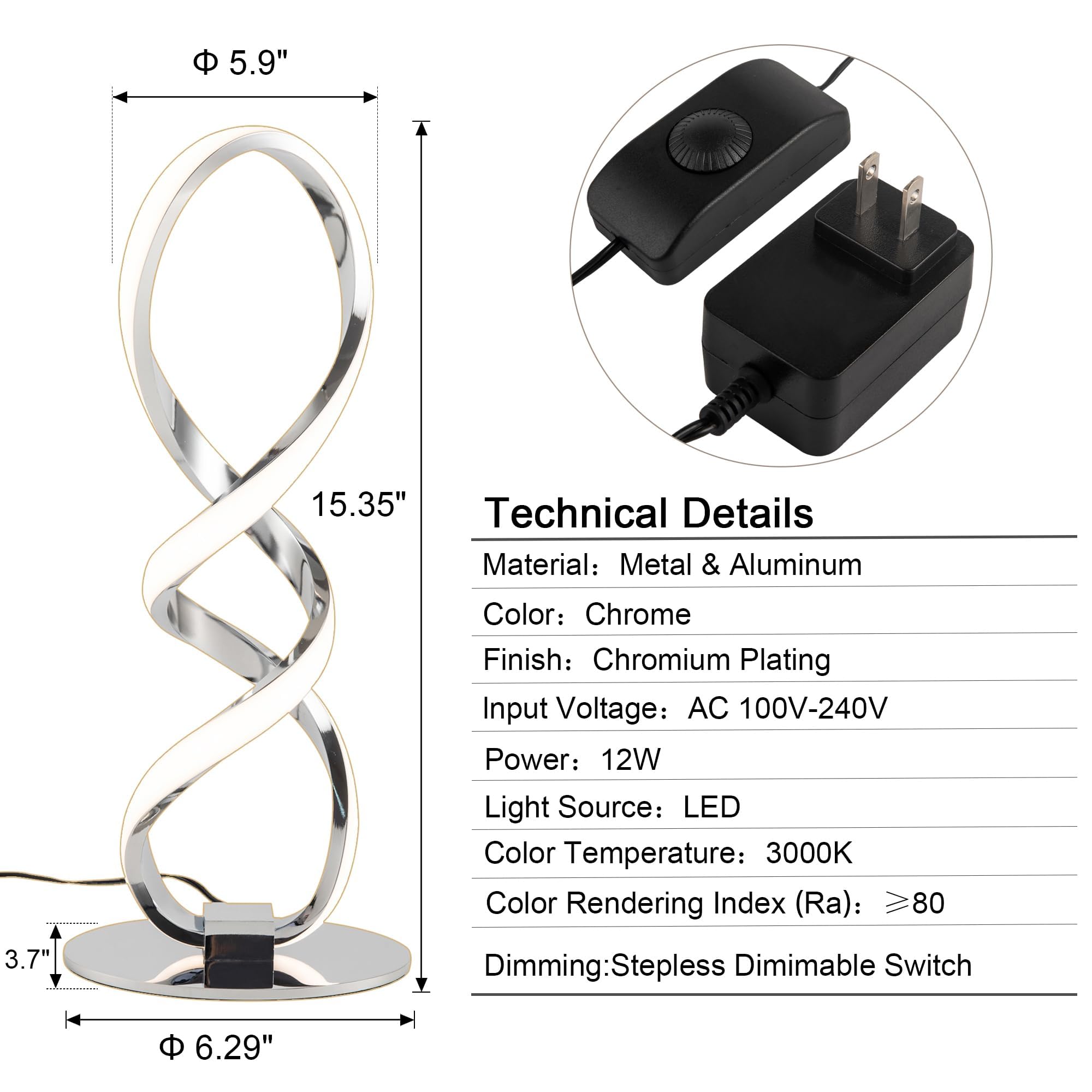 Adebime LED Spiral Bedside Table Lamp, Stepless Dimmable 12W, 3000K Warm White, Modern Nightstand Lamp, Sliver