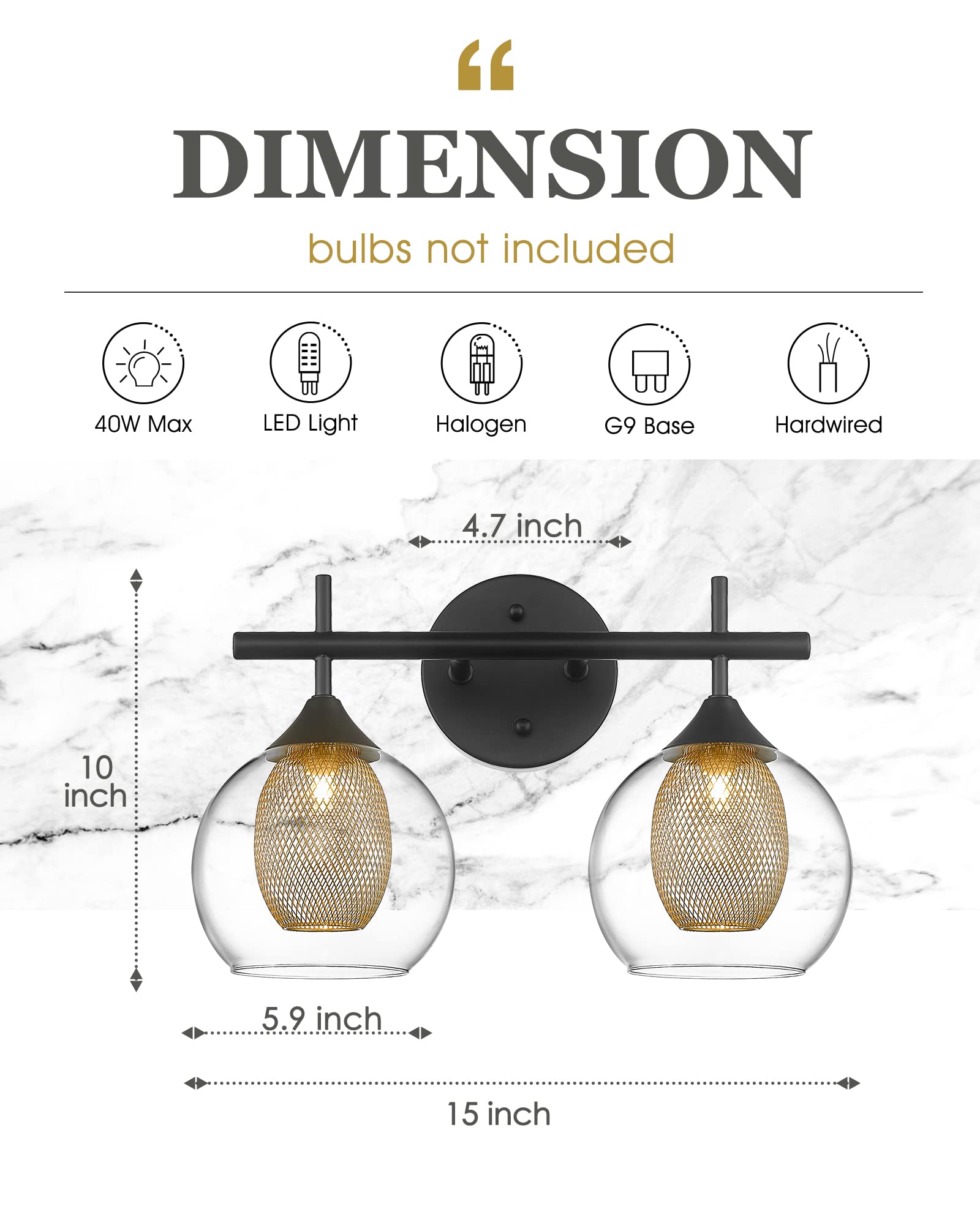 Audickic Black And Gold Bathroom Light Fixture, Farmhouse Wall Sconce Lighting With Clear Glass And Honeycomb Metal Shade, 2-Lig