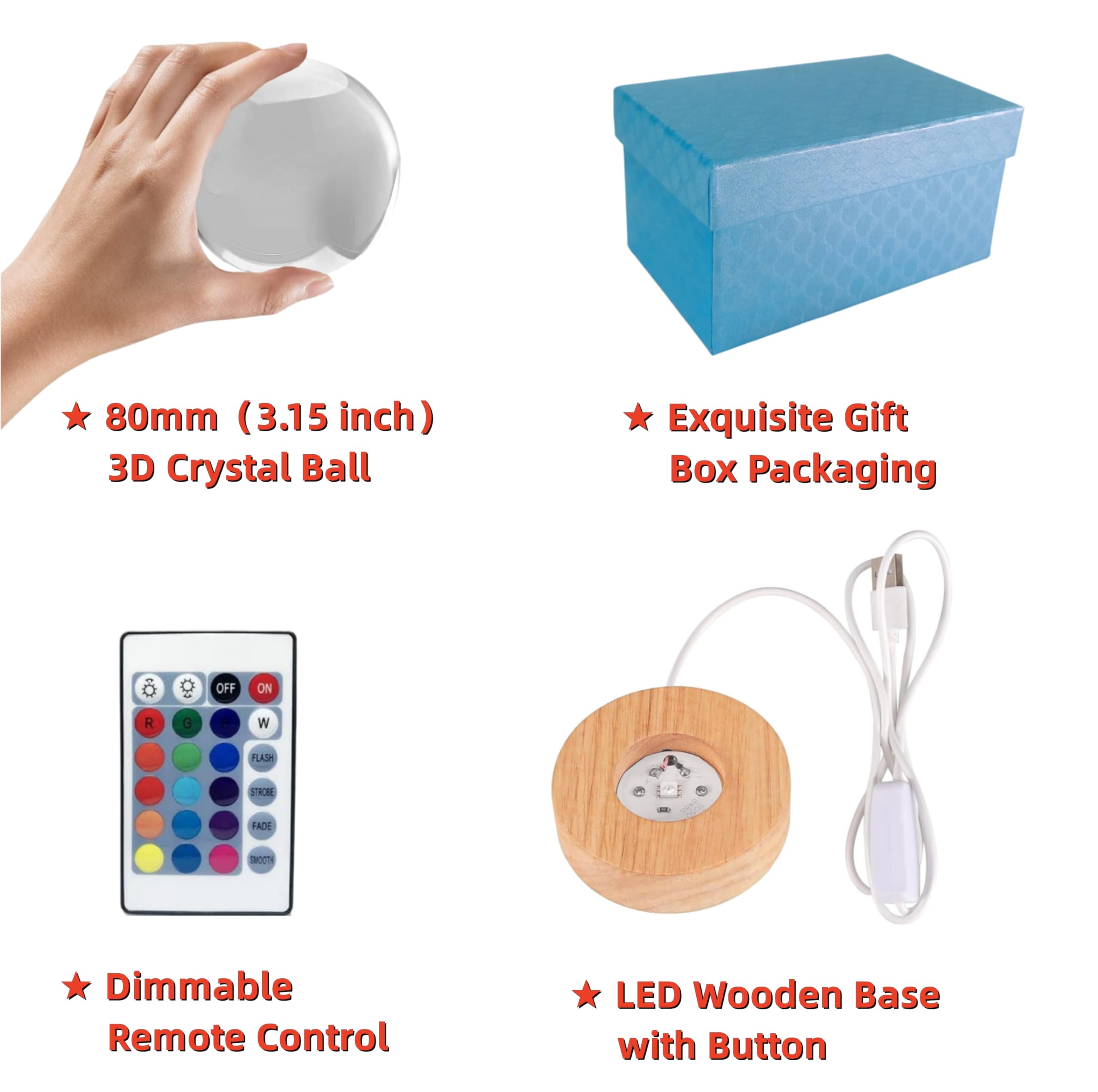 3D Jellyfish Crystal Ball Lamp, Upgraded 3.15 Inch Jellyfish Crystal Ball Night Light With 16 Colors Led Wooden Base, Remote Con