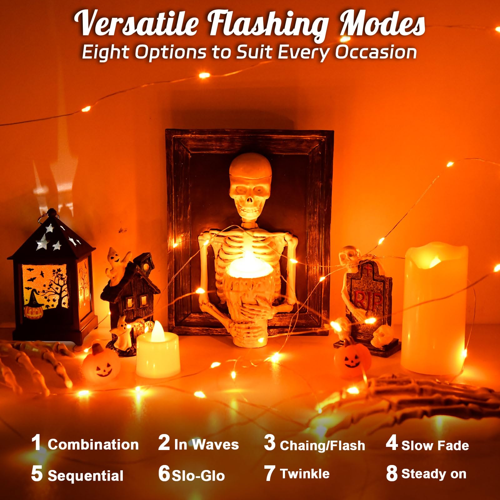 Cshare Halloween String Lights Outdoor Waterproof, Solar Fairy Lights 16.4Ft 50Led 8 Modes Orange Halloween Lights For Yard Outside Pathway Patio Party Backyard Decorations
