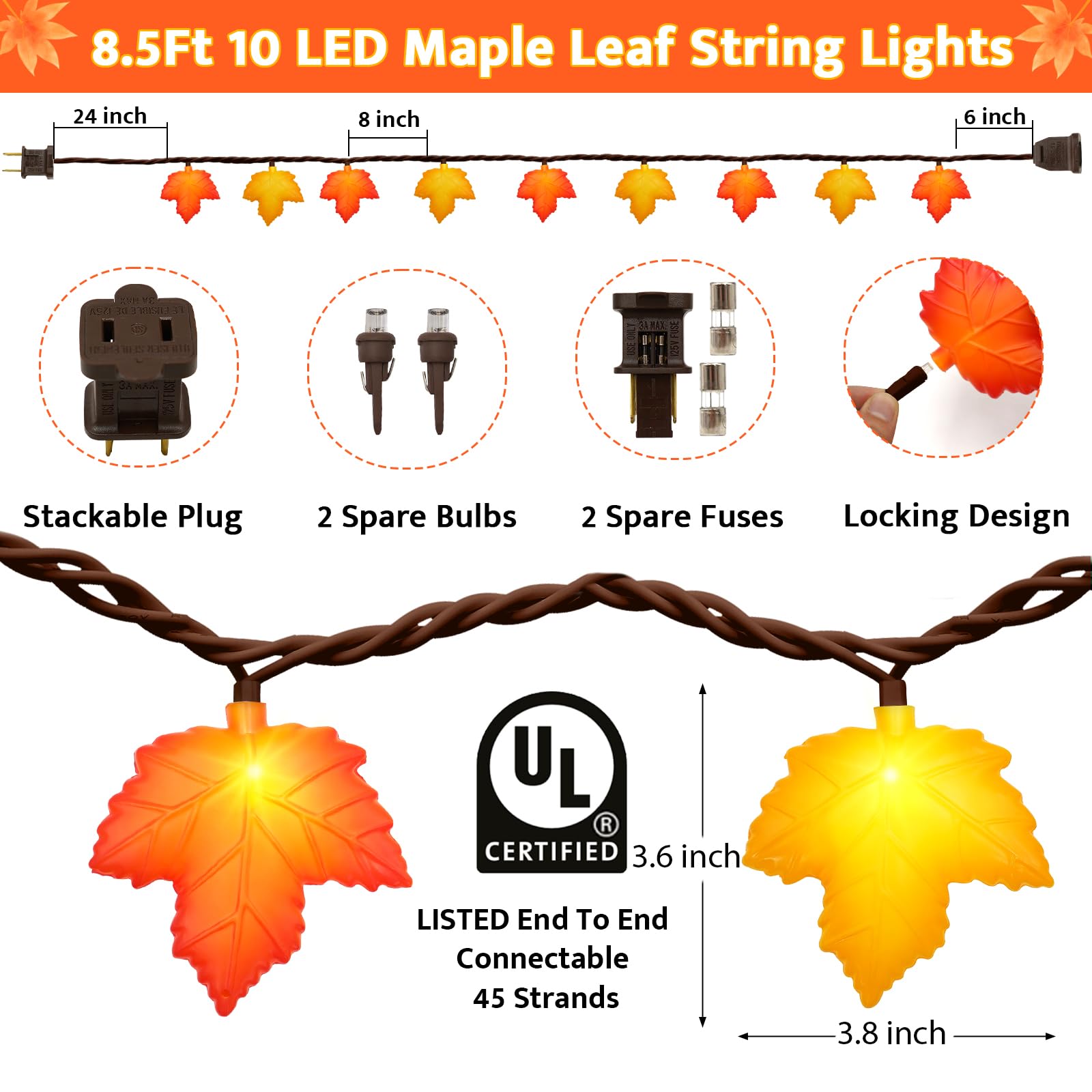 Fall Decor Maple Leaf String Lights, 8.5 FT 3D Maple Leaf Lights 10 LED Orange & Yellow Maple Leaf Plug in Fall String Lights fo