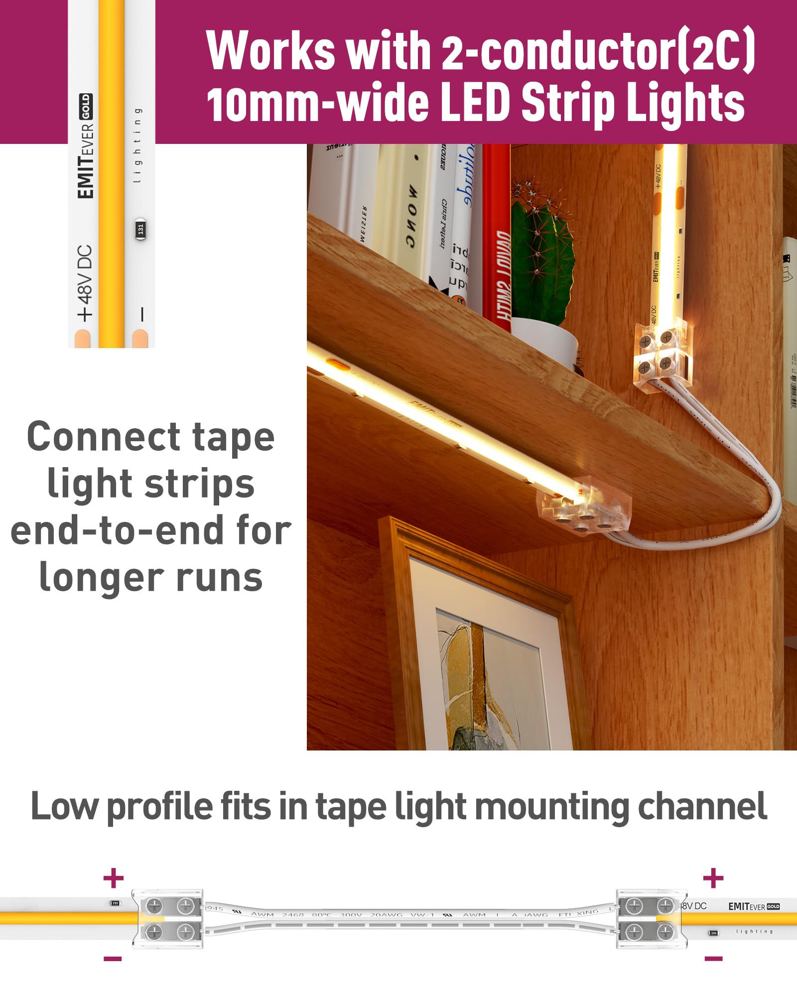 Emitever 10Mm Led Strip Connectors,6 Packs Led Tape Light Terminal Block Connector 2 Pin Solderless Tighten Screw Transparent Wi