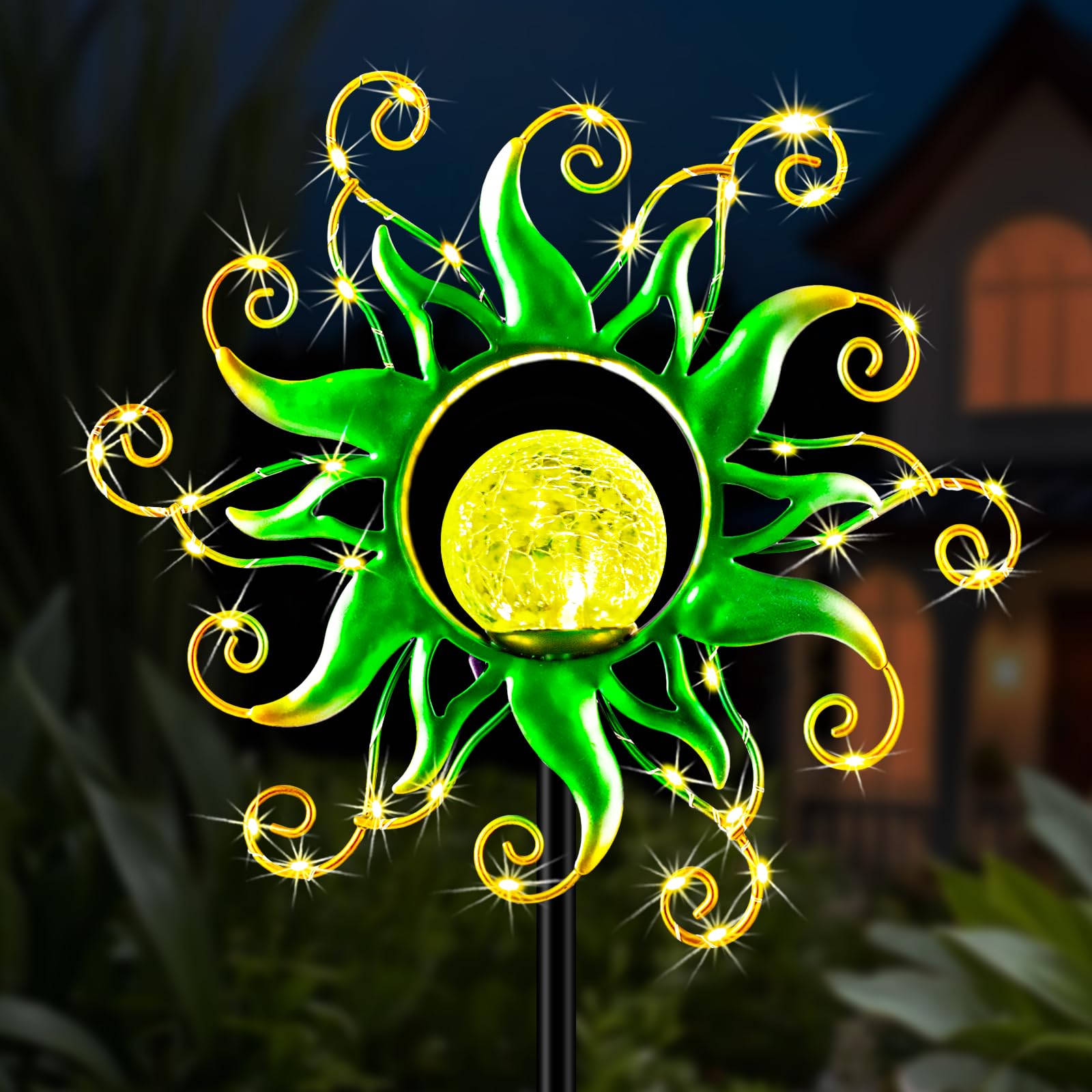 Solar Garden Lights Outdoor, Green Metal Sun Stake With 30 Led Waterproof Vine String Crackle Glass Spring Decor For Patio,Yardr