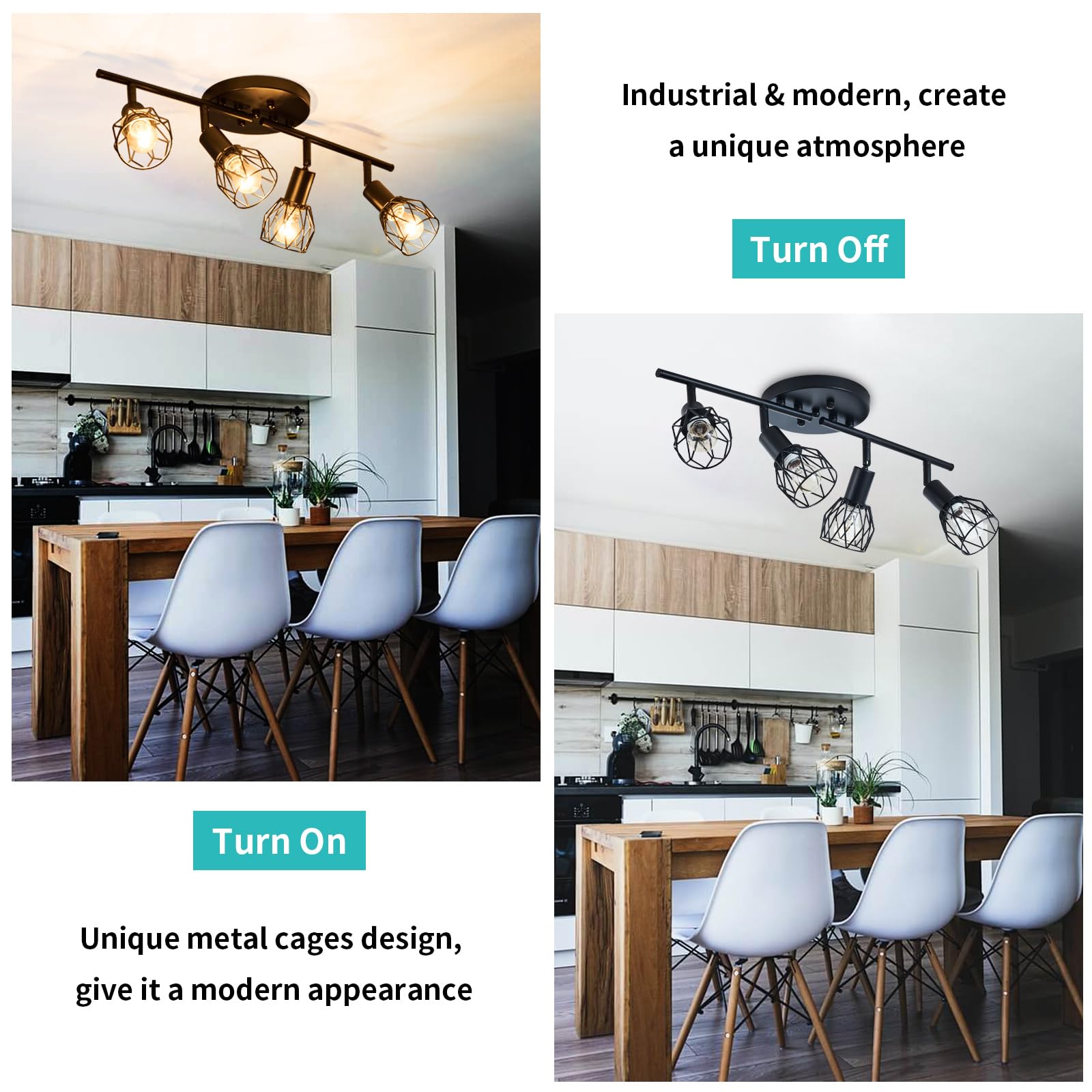 Track Lighting Kit  4-Light Adjustable Multi-Directional Ceiling Light Fixtures  Vintage Black Metal Wire Cage Farmhouse Light Fixtures Ceiling Mount For Kitchen Dining Table Hallway Bathroom Bedroom