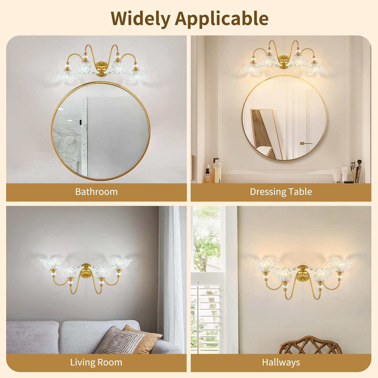 sunkryster 4-Light Gold Bathroom Vanity Light, Floral Glass Shades, Metal, Model Sun-104AB-4-Gold