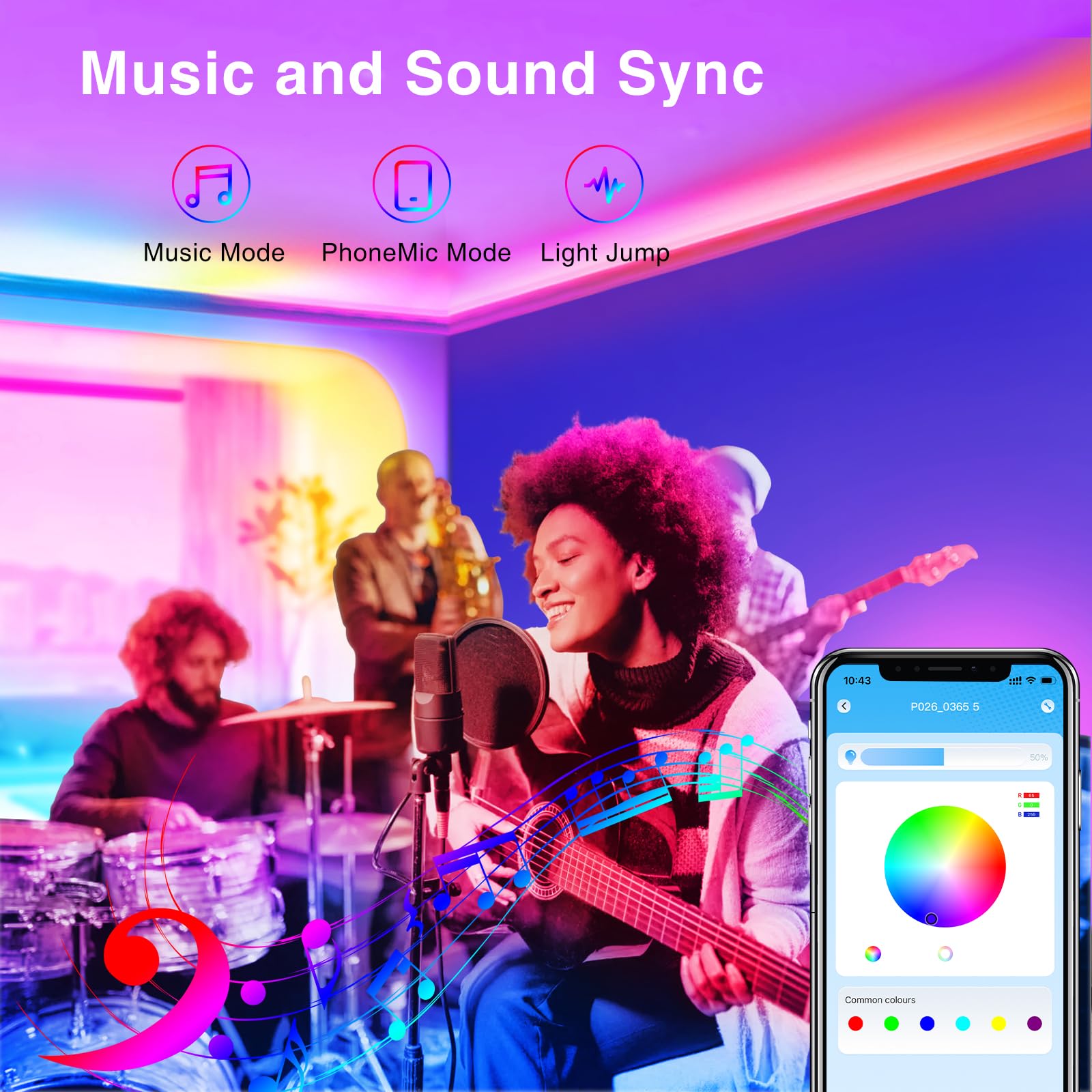 TJOY 50ft Bluetooth LED Strip Lights, RGB Color Changing, Music Sync, Remote & APP Control, Model TA2B1502415-1, Multicolor