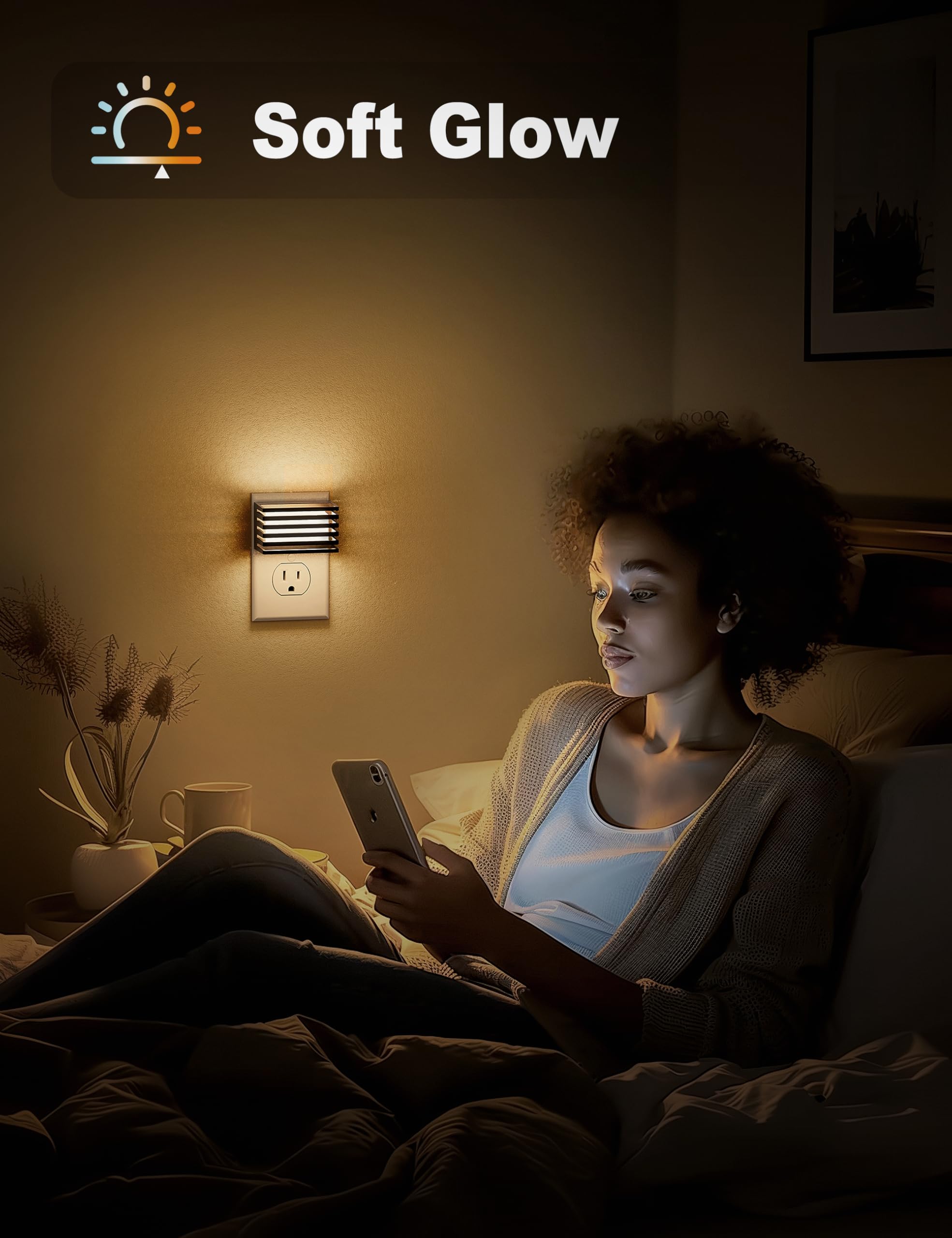 JandCase LED Night Light 2 Pack, Dimmable with Dusk to Dawn Sensor, 3000K Soft White, Warm Black Shade, Model C-GY14002US-2