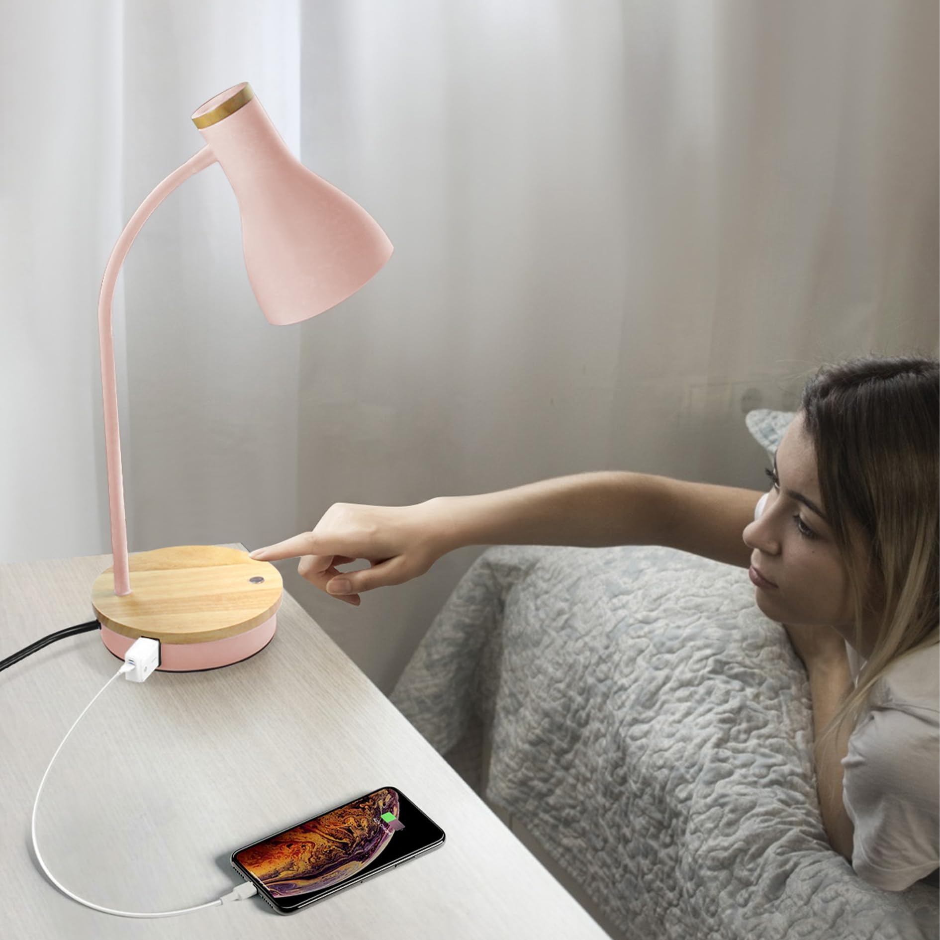 LALISU Metal Desk Lamp Touch-Pink, 3 Way Dimmable, USB Charging Ports, Model LALISULALITTB04