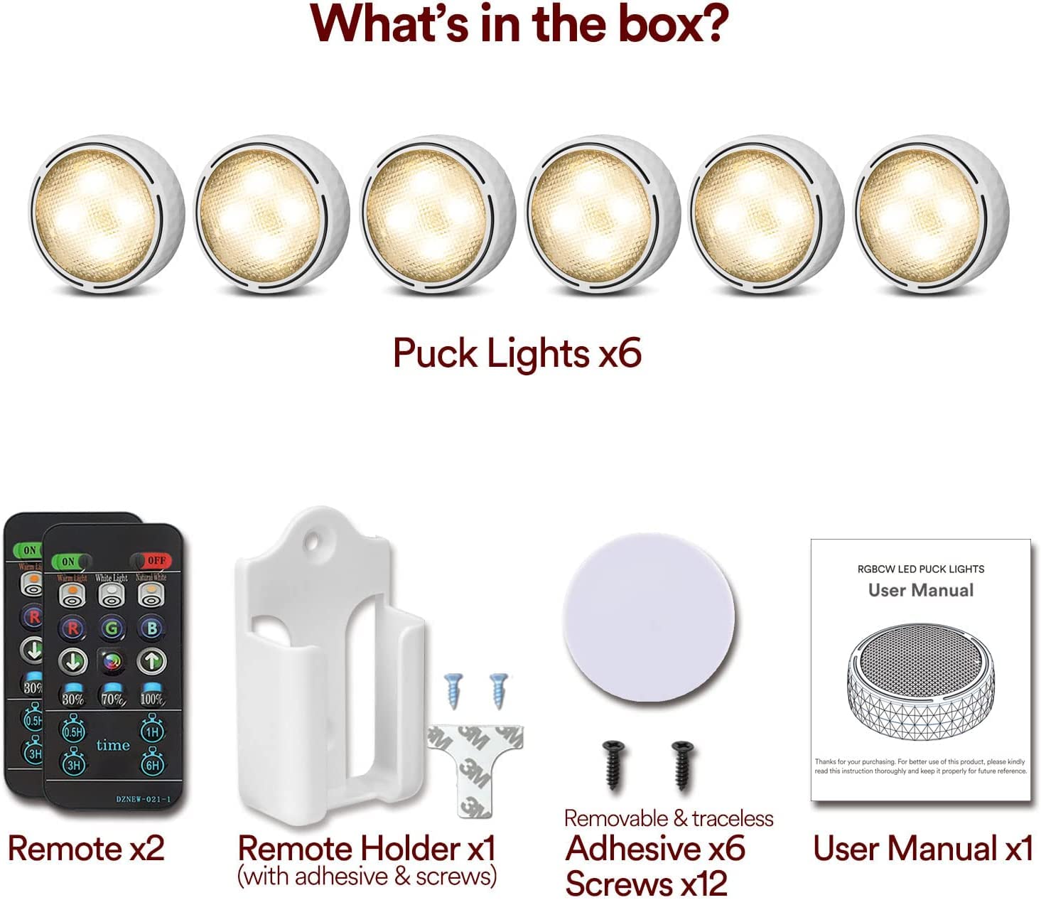 Onumii LED Puck Lights, 16 Color Changing, Dimmable, Battery Operated, 6 Pack, White, Remote Control for Under Cabinet Use