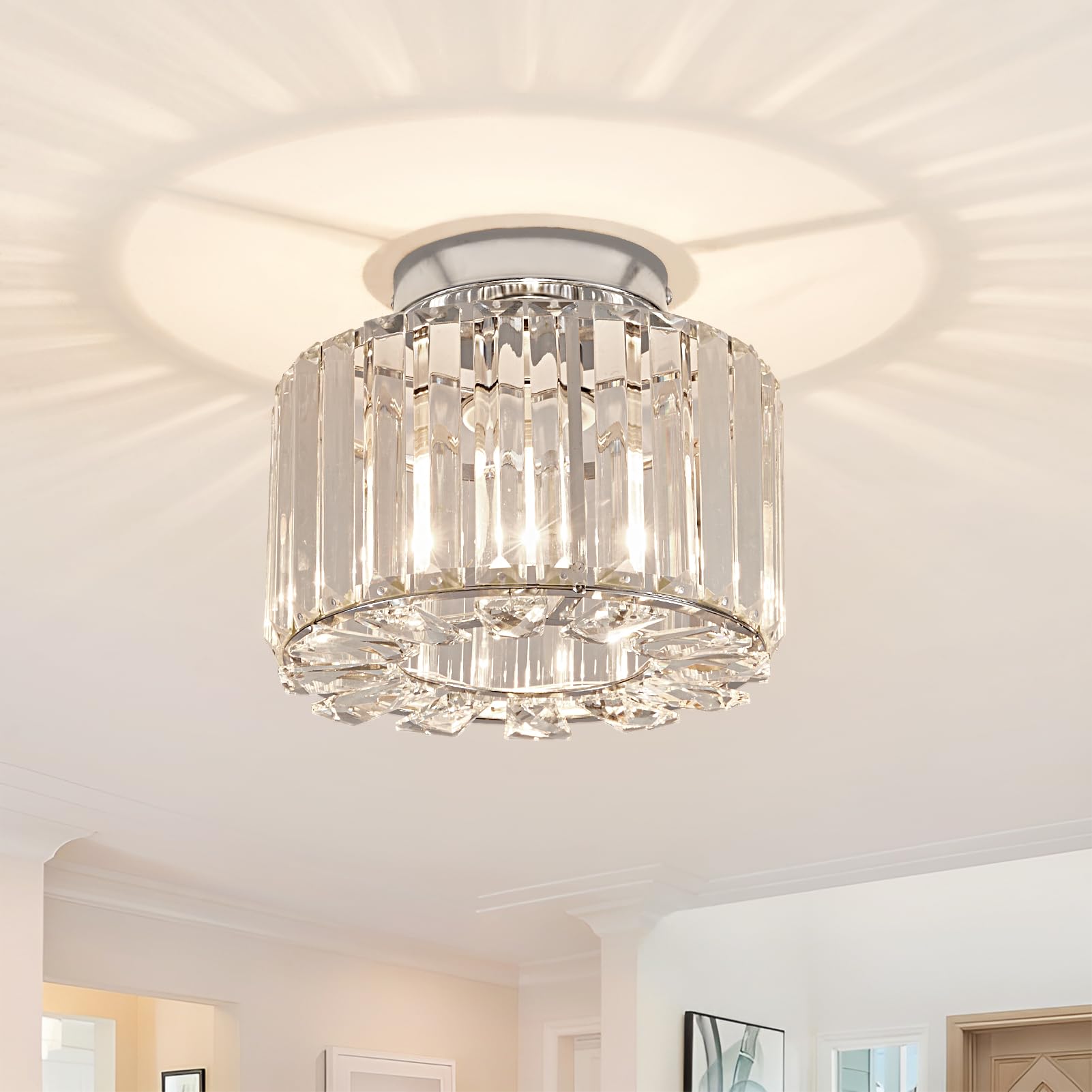 Xieyor Elegant Silver Crystal Chandelier - Modern Semi Flush Mount Ceiling Light Fixtures For Hallway, Kitchen, Bedroom, Living Room, And More