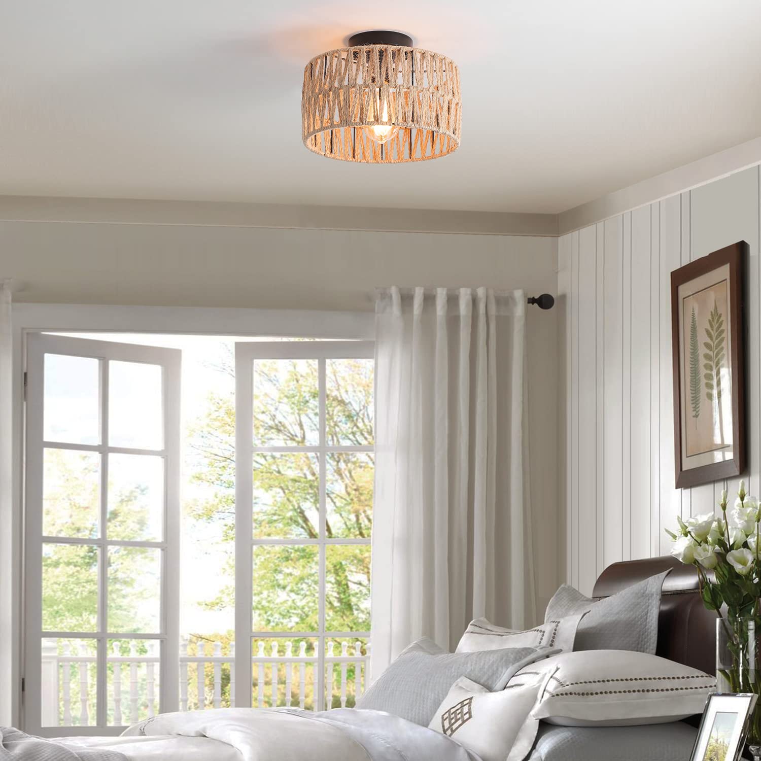 Hchunqjor Coastal Woven Flush Mount Ceiling Light Fixture Rustic Industrial Hemp Rope Semi Flush Mount Ceiling Light For Hallway