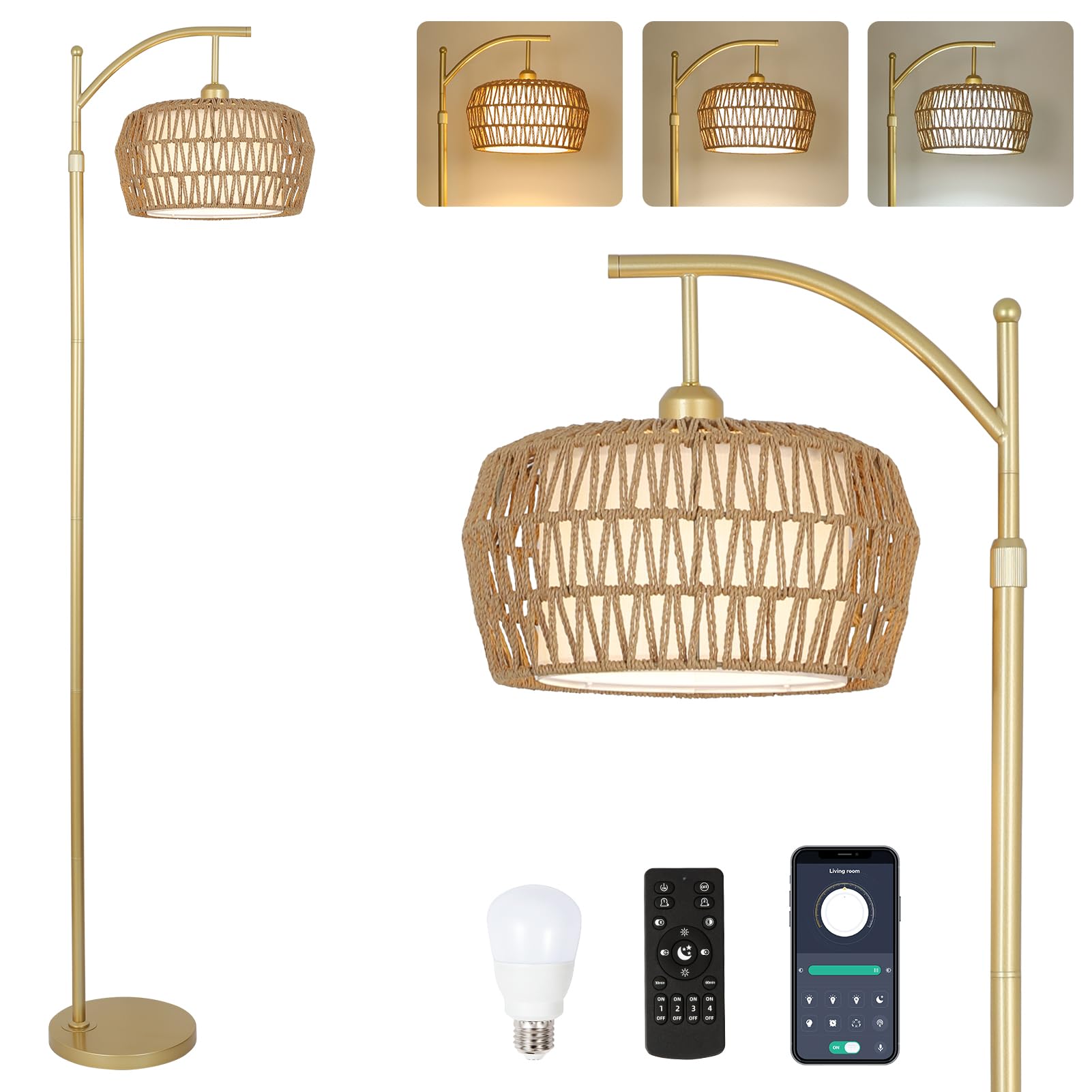 LAMSU Gold Floor Lamps for Living Room, Boho Rattan Floor Lamp with Remote and Dimmable Bulb, 3 Color Temperatures, Modern Arc S