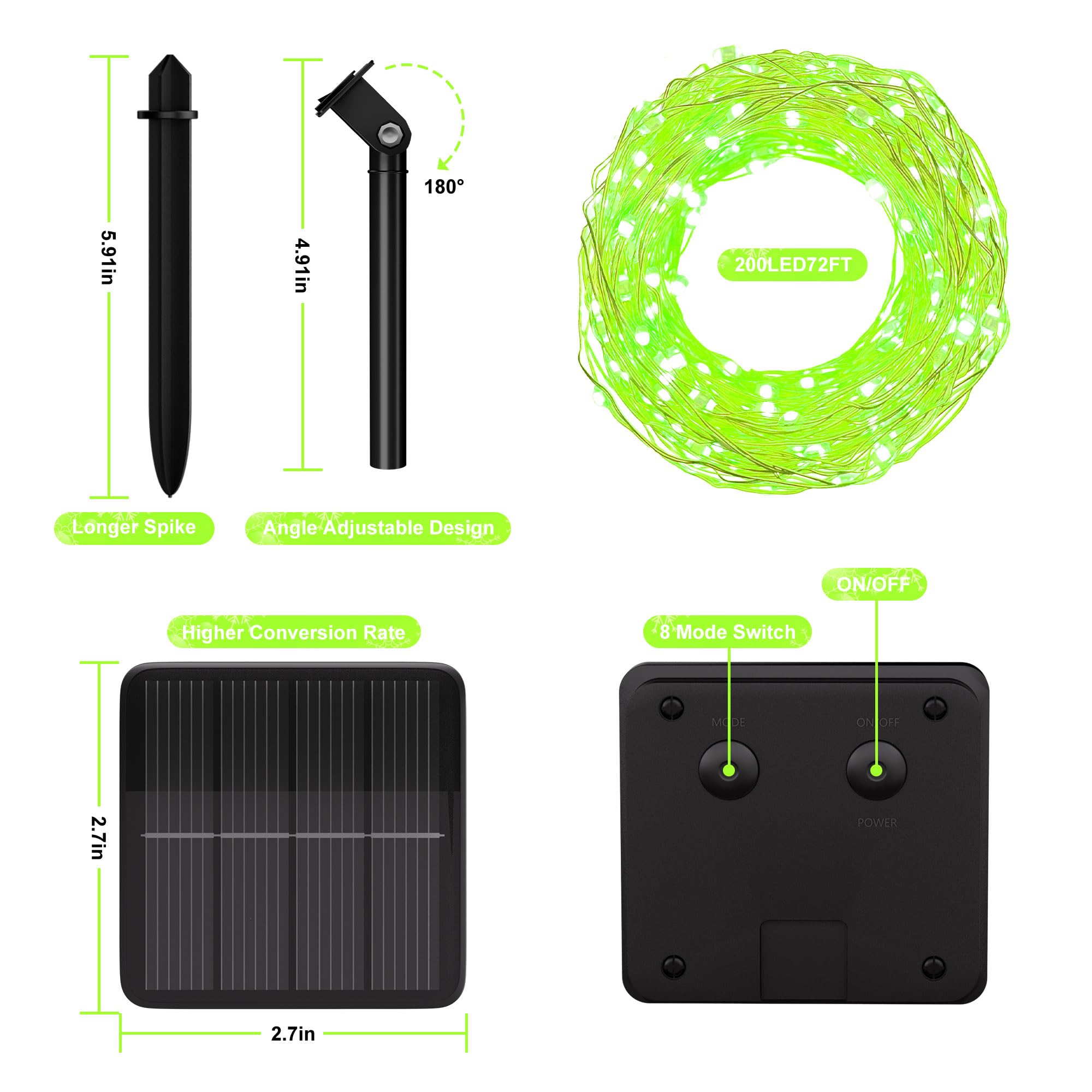 Solar String Lights For Outside, 72Ft 200 Led Solar Fairy Lights With 8 Modes, Solar Powered Fairy Lights Waterproof For Christmas Tree Garden Party Wedding Decor.(Green)