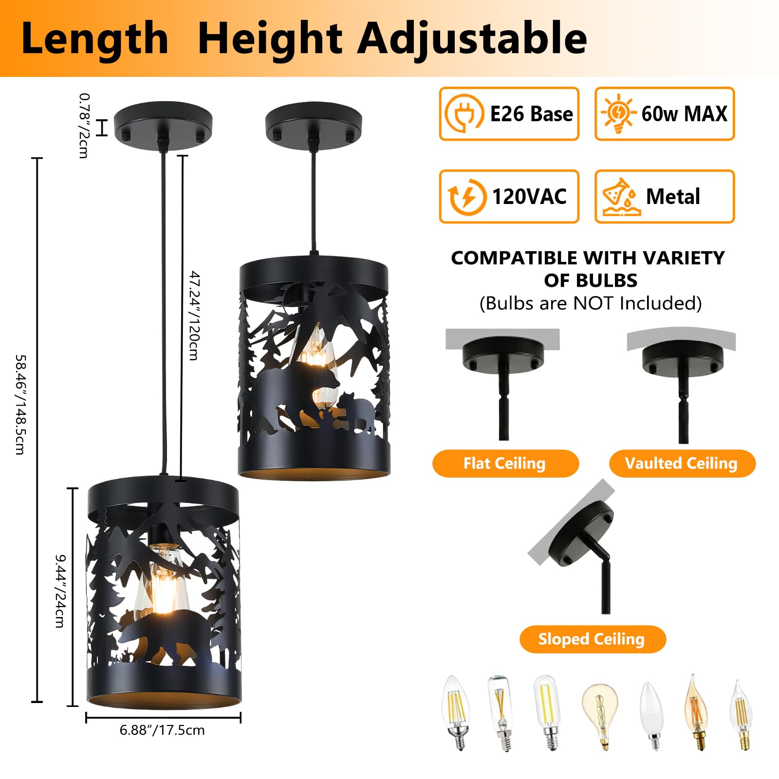 Monyohame Farmhouse Rustic Ceiling Light Fixtures, 1-Light Round E26 Base Black Metal Fixture Adjustable Height With Bear Design