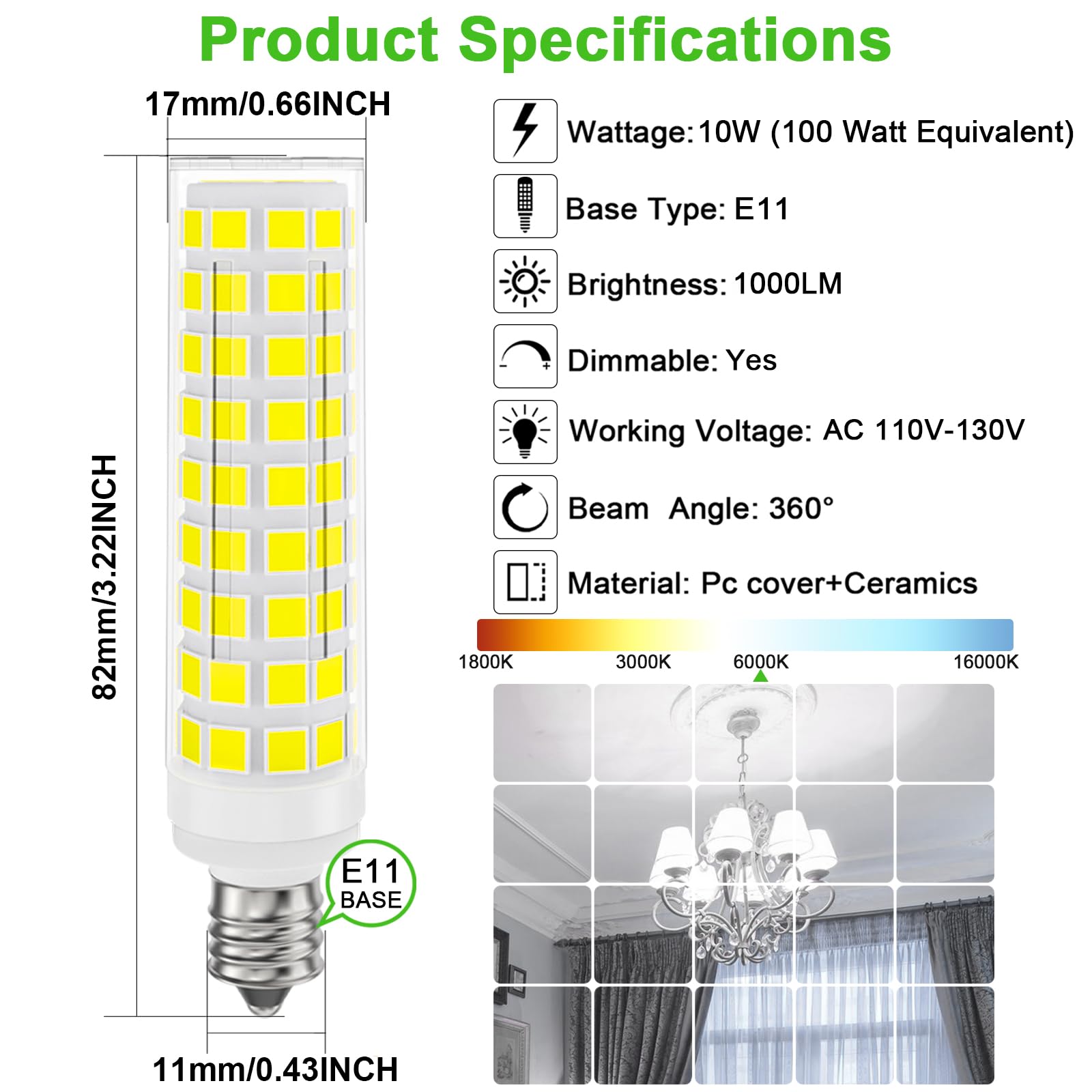 Dumiloo E11 Led Bulb Dimmable, 100 Watt Halogen Equivalent, 10W Daylight White 6000K, T3 T4 Mini Candelabra Base, Jde11 120V 100