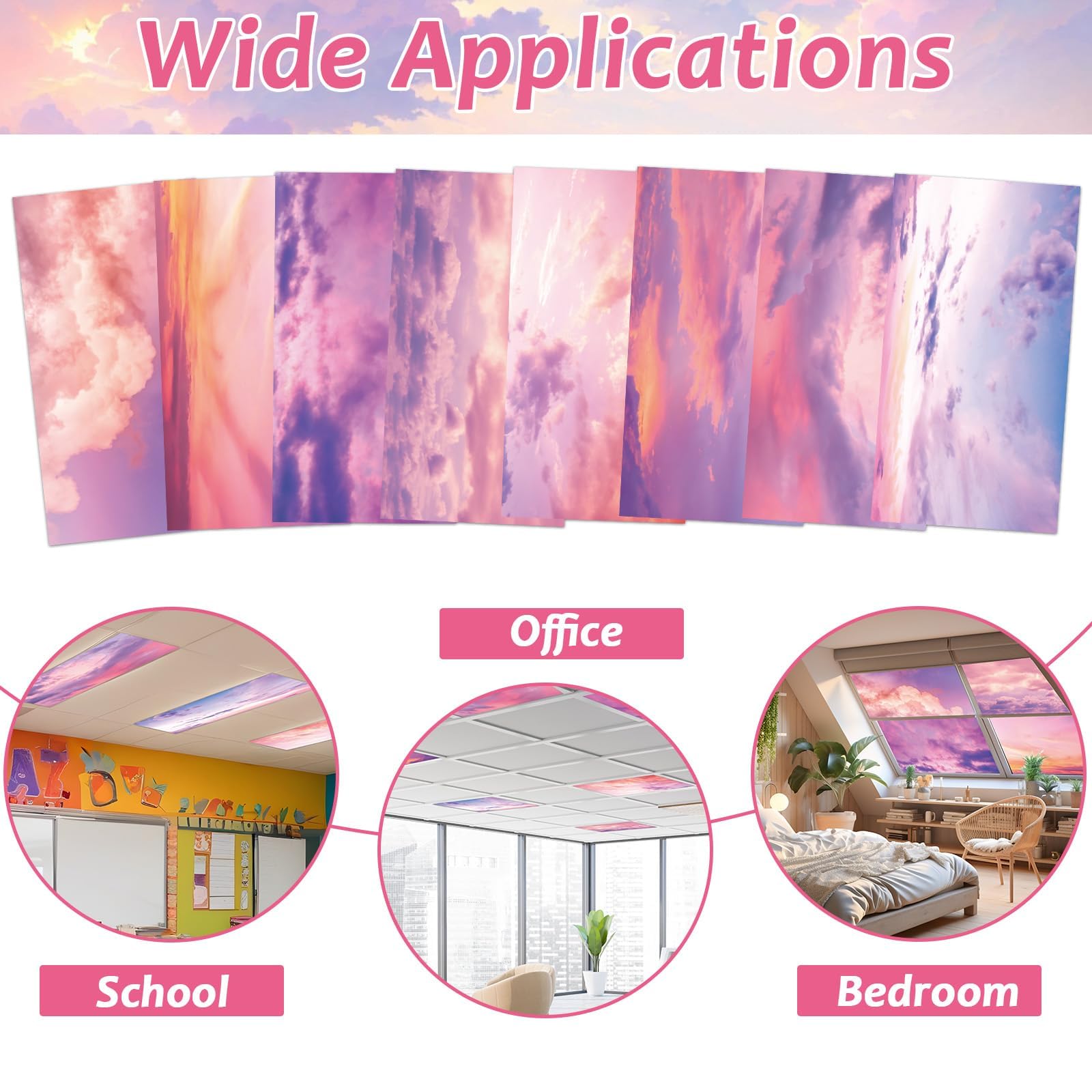 Wiooffen 8 Pack Fluorescent Light Covers, 4x2 ft, Polyester, Sunset Pink, Easy Install for Classroom, Office, Hospital, Model YM0706