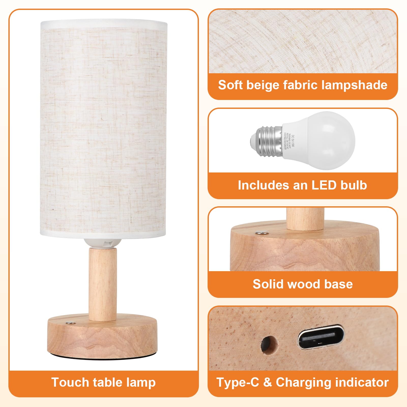 Small Cordless Touch Table Lamps Set Of 2 With Stepless Dimming, Natural Wood Base & Linen Fabric Shade,Wireless Battery-Powered