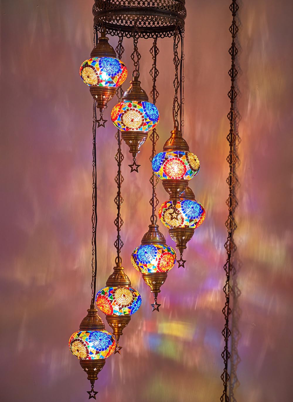 DEMMEX 7-Globe Mosaic Chandelier, Tiffany Style Pendant Light, 59x14 Inches, Handmade, Multicolor, Model DEMMEX-Swag7