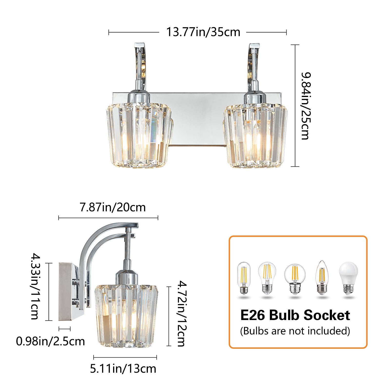 Fdpby Modern Bathroom Vanity Light  2-Light Chrome Wall Sconce With Crystal Accents  Over Mirror Bathroom Lighting Fixture  13.77 Long Dimmable Vanity Lamp For Makeup  Easy Installation