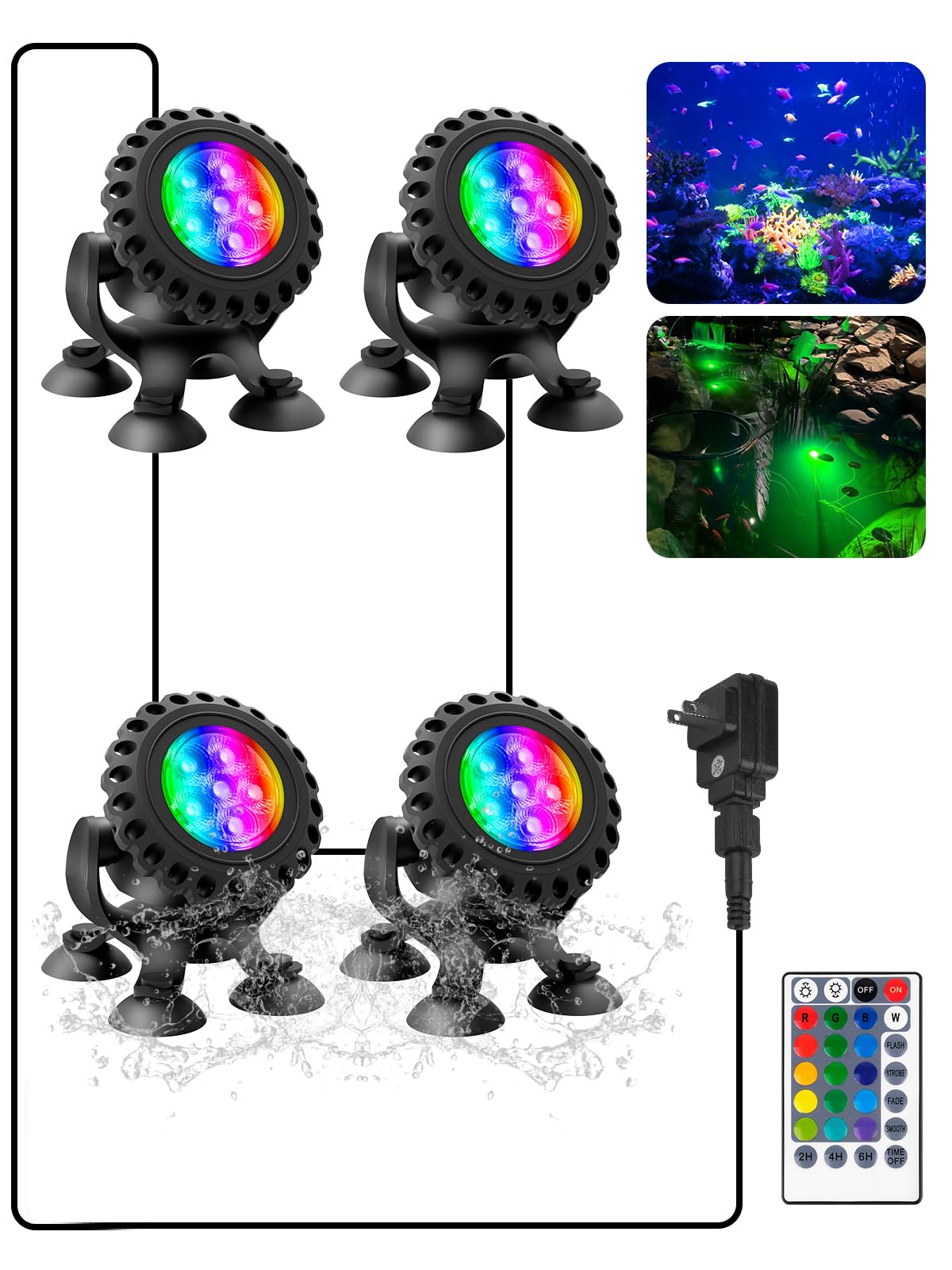 T-SUN LED Underwater Pond Lights with Timer, IP68 Waterproof, Set of 4, Multicolor, Model TS-F2220-4H-RGB-US-V2