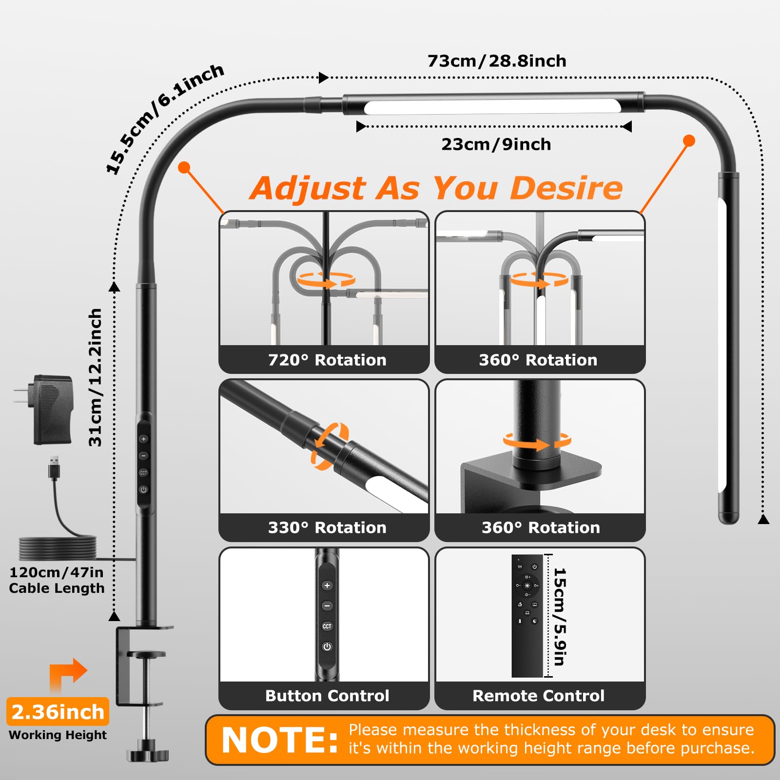 Led Desk Lamp For Home Office, Eye-Caring Desk Light With Adjustable Gooseneck, Dual Screen Computer Monitor Light With Stepless