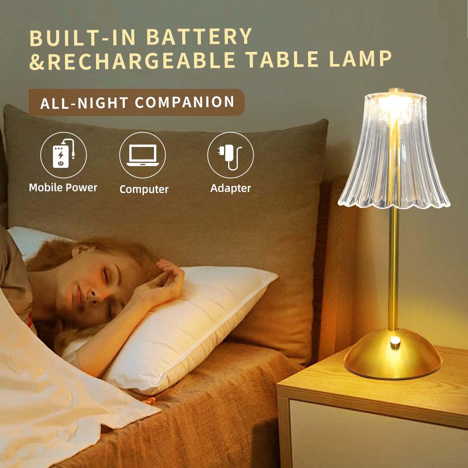 1Pack Crystal Table Lamp Cordless Small Light, [2000Mah]Rechargeable Led Diamond Table Lamps With 3 Color Changing Light, [Non-Y