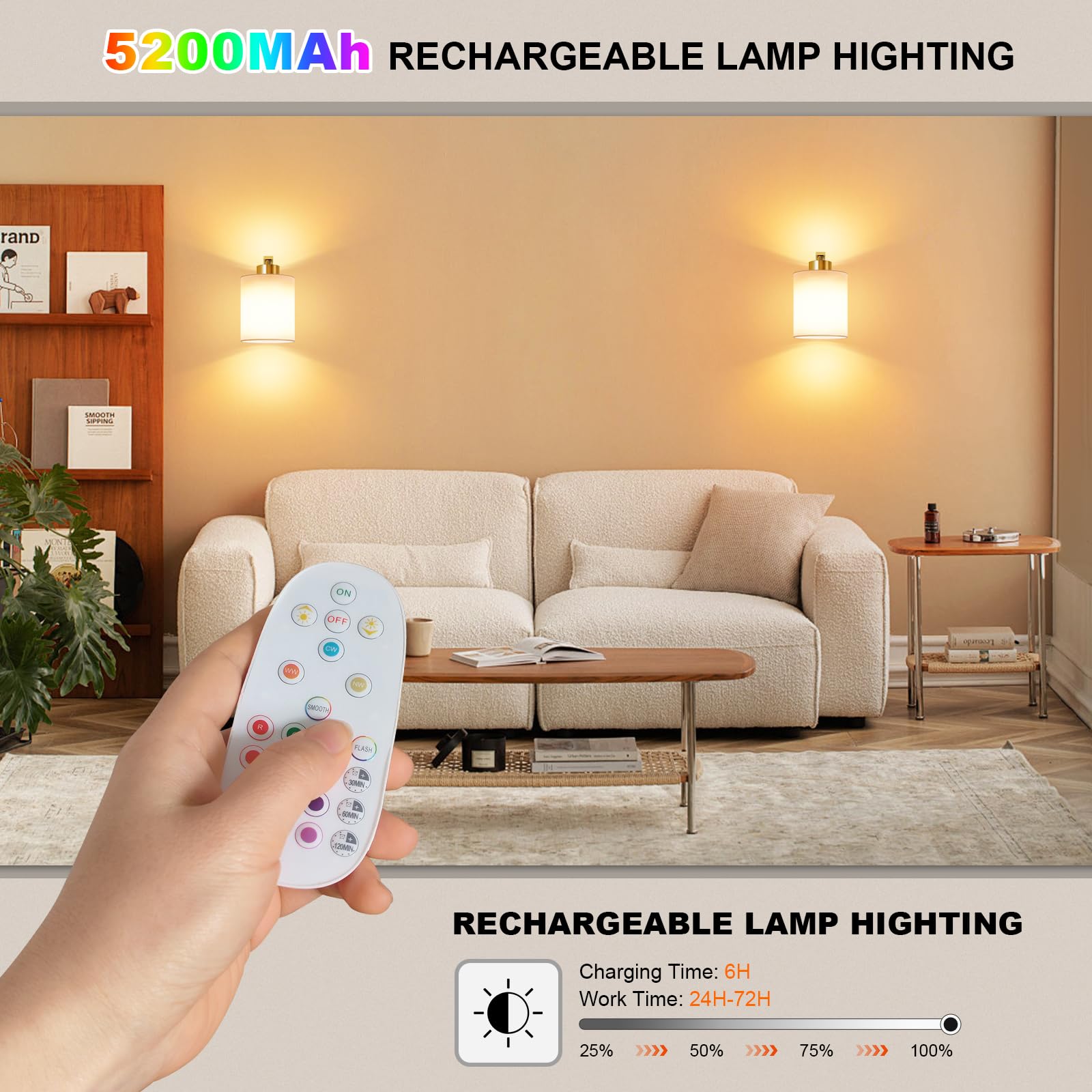 Aiilsmp Battery Operated Wall Sconce Set of Two, Gold, Dimmable 12 Color Modes, Wireless, Model YMX-1011