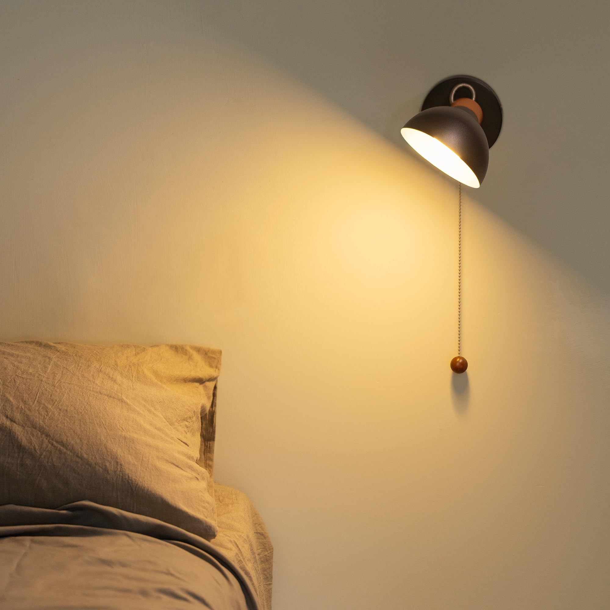 Aisilan Wooden Wall Sconce Set Of 2, Black Rotatable Bedroom Wall Light With Pull Chain Switch With E12 Bulb, Hard Wired Wall La