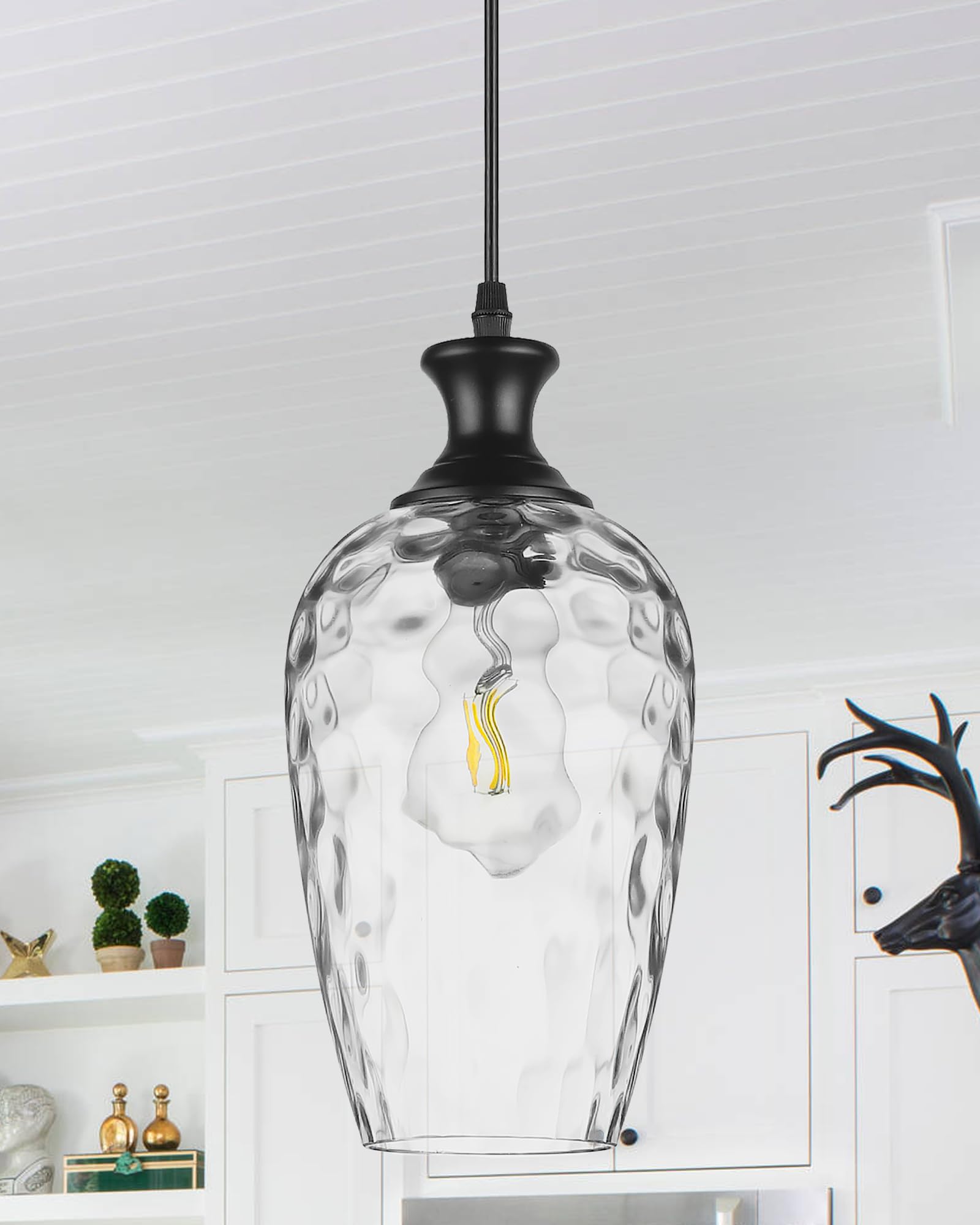 SADUENFR Glass Pendant Lights Kitchen Island, 1-Light Black Pendant Light Fixtures with Hand-Blown Clear Glass, Farmhouse Hangin
